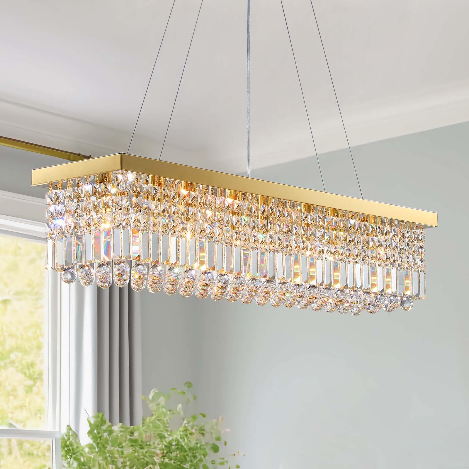 7PM Crystal Chandelier Pendant Lighting Fixture, Gold, Stainless Steel, L40in x W10in x H10in, Model 7PM-HLP00910-FBA