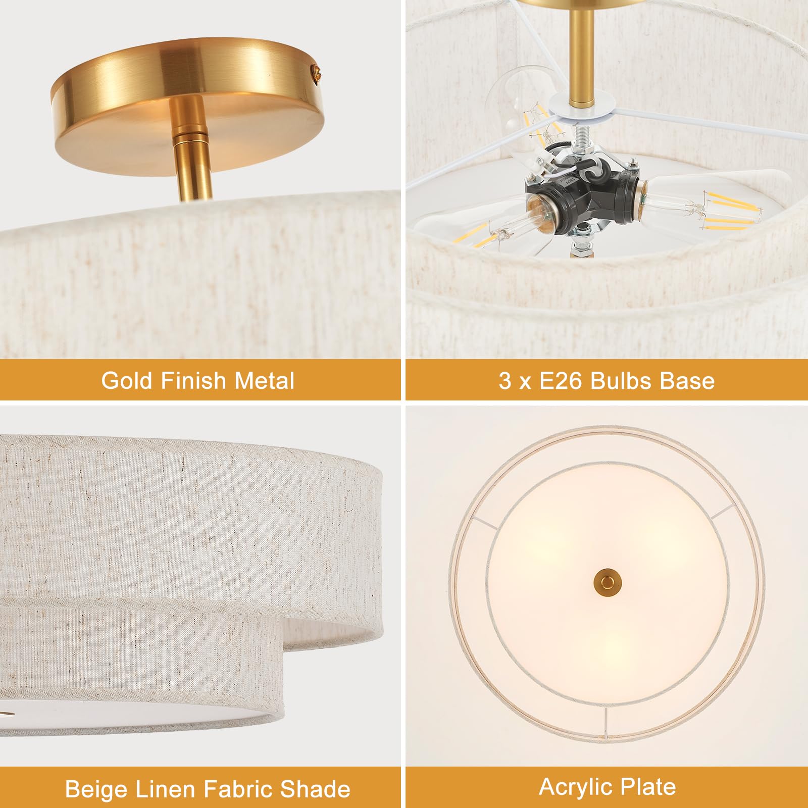 Widluth Modern Semi Flush Mount Ceiling Light 18" Modern Gold 3-Lights Drum Ceiling Lighting Fixture Vintage Linen Golden Ceiling Lamp For Laundry Room, Kitchen, Basement, Dining Room, Bedroom