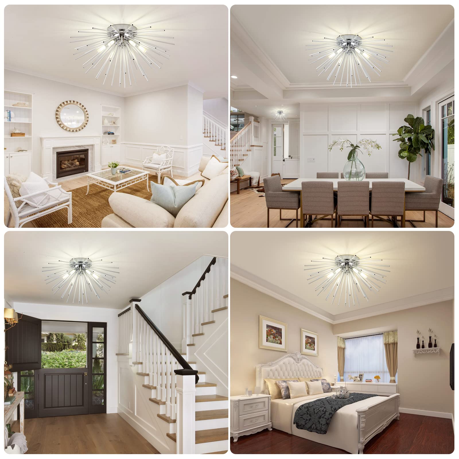 Sputnik Flush Mount Ceiling Light Fixture, 6-Light Chrome Firework Ceiling Lights, 19.6'' Modern Chandeliers Close To Ceiling La