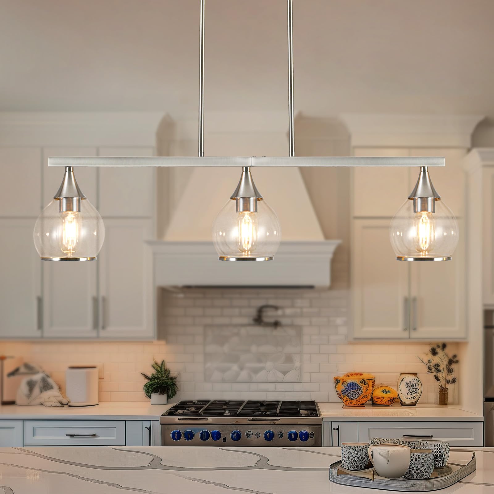 Island Light for Kitchen  3-Light Brushed Nickel Island Pendant Lighting with Clear Round Glass Shades for Dining Table  Living Room