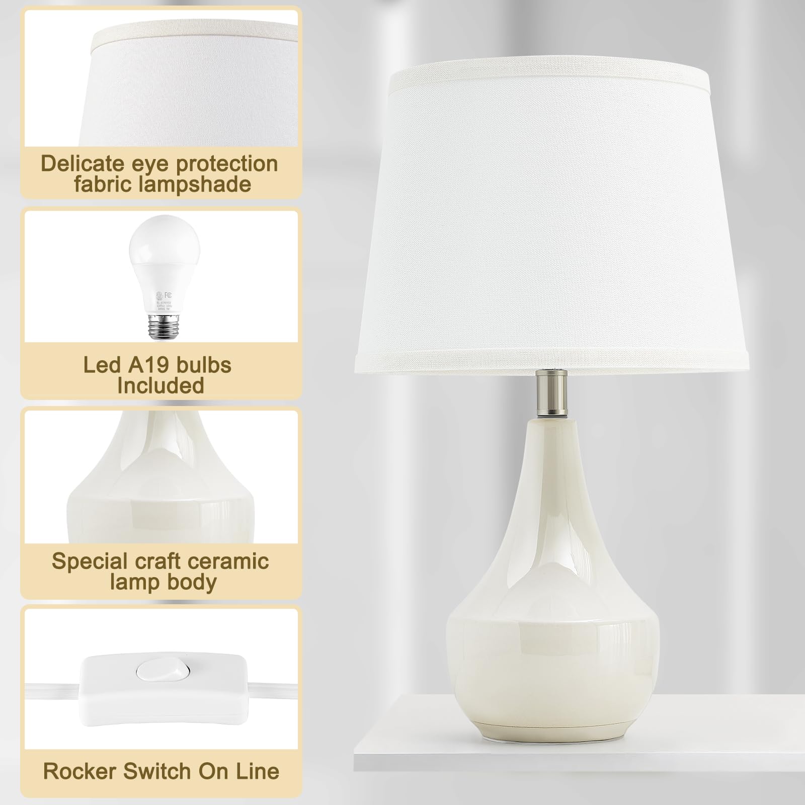 GyroVu Ceramic Table Lamp Set of 2, 18.63” Modern Nightstand Lamps in Cream with White Lampshade, LED Bulbs Included