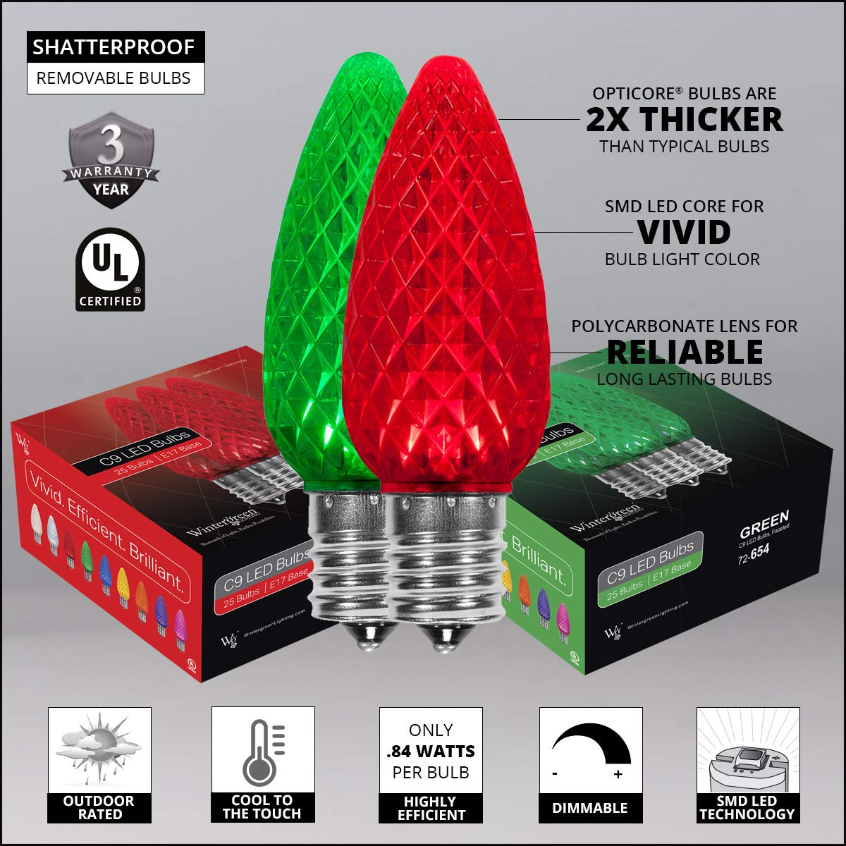 Wintergreen Lighting C9 Opticore Red & Green Led Commercial Outdoor Christmas Lights - Heavy Duty Christmas String Lights; Green