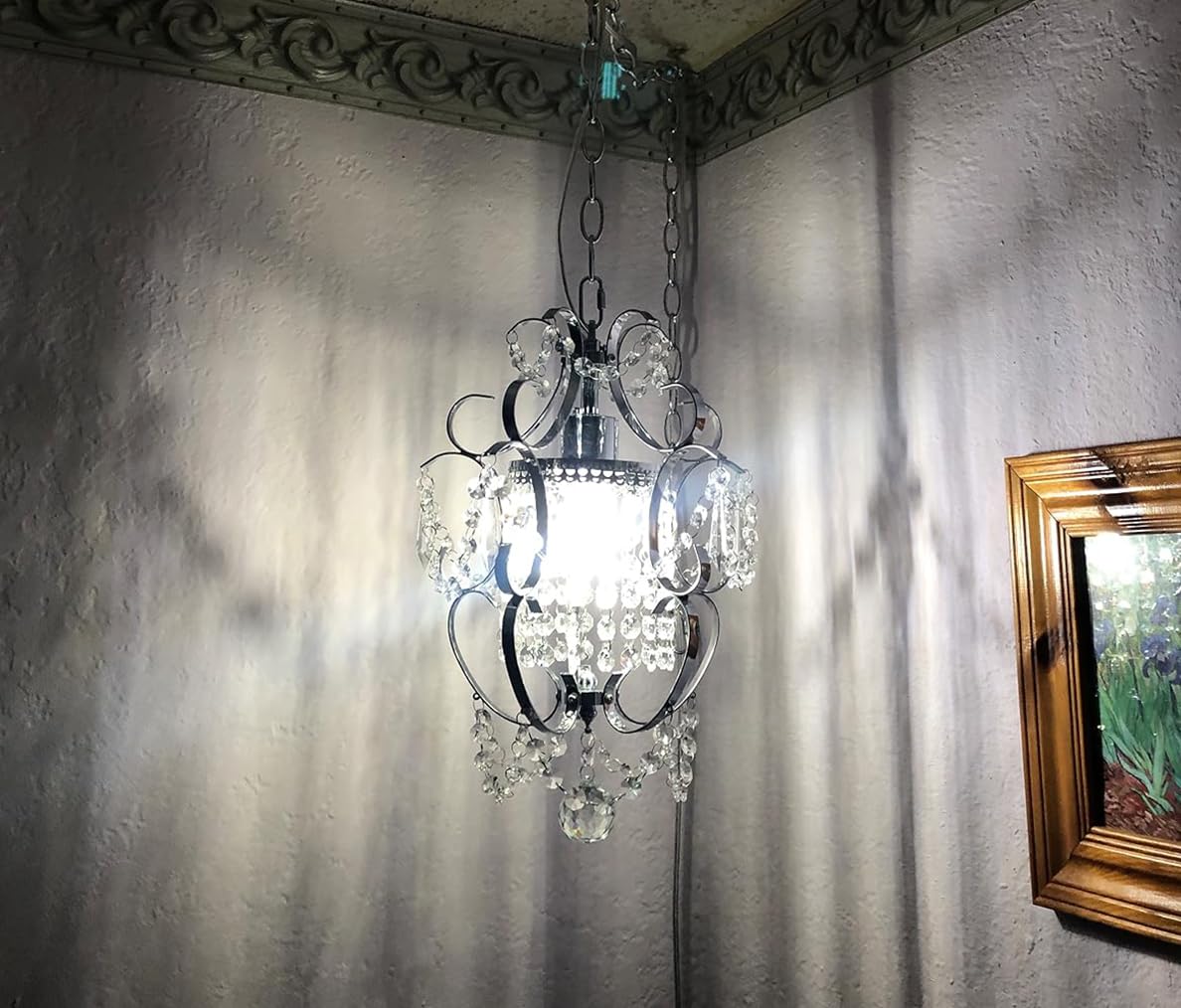 RAYMALUX Chrome Plug in Chandelier - Mini Crystal Light Fixture with 14.3 FT Cord and ON/Off Switch for Bedroom, Living Room, Dining Room