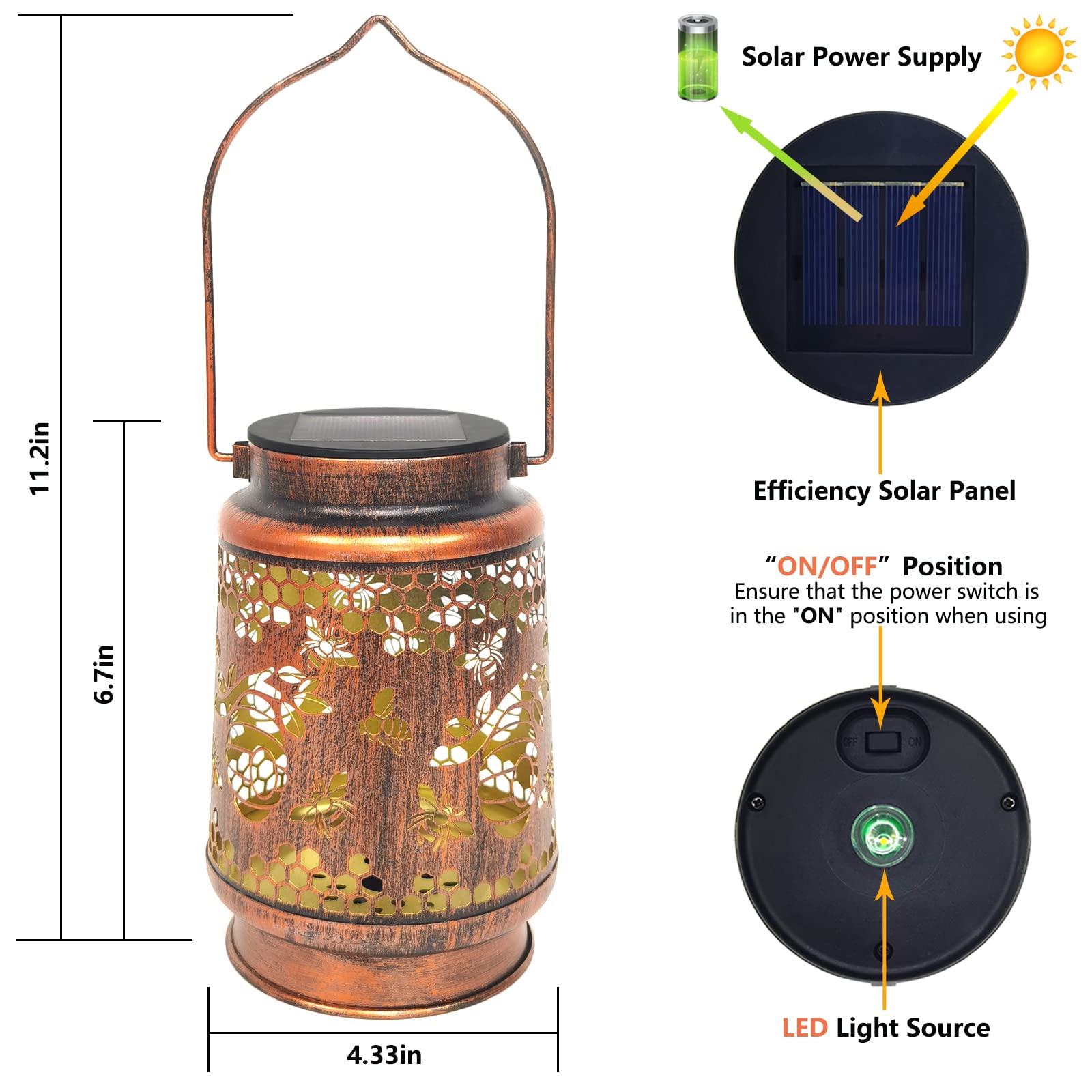 Aitenisen Bronze Solar Lanterns - Waterproof Metal Honeybee Decor For Patio & Garden