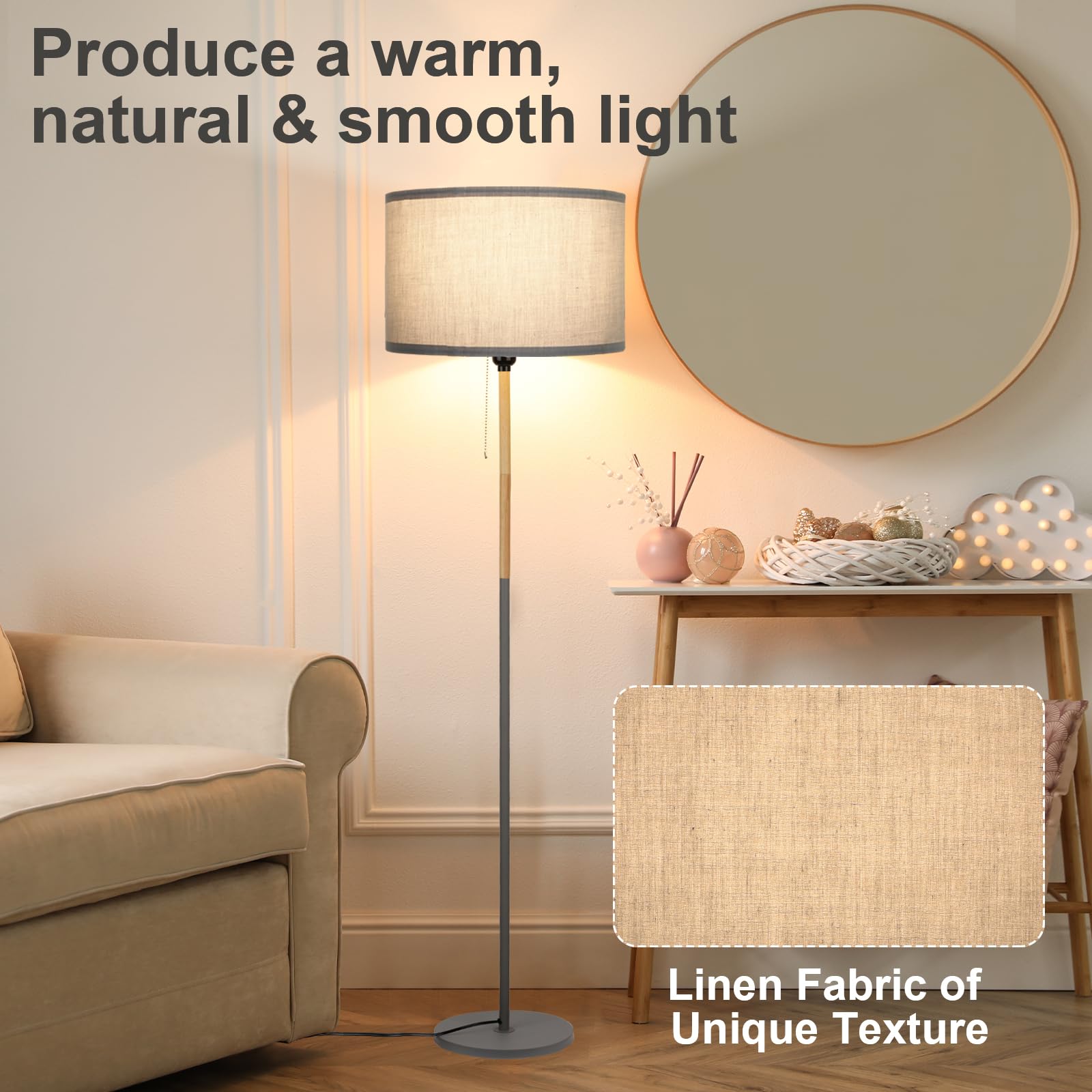 LALISU Modern Floor Lamp - Gray Metal with Linen Shade, Mid-Century Design for Living Room, Bedroom, and Office