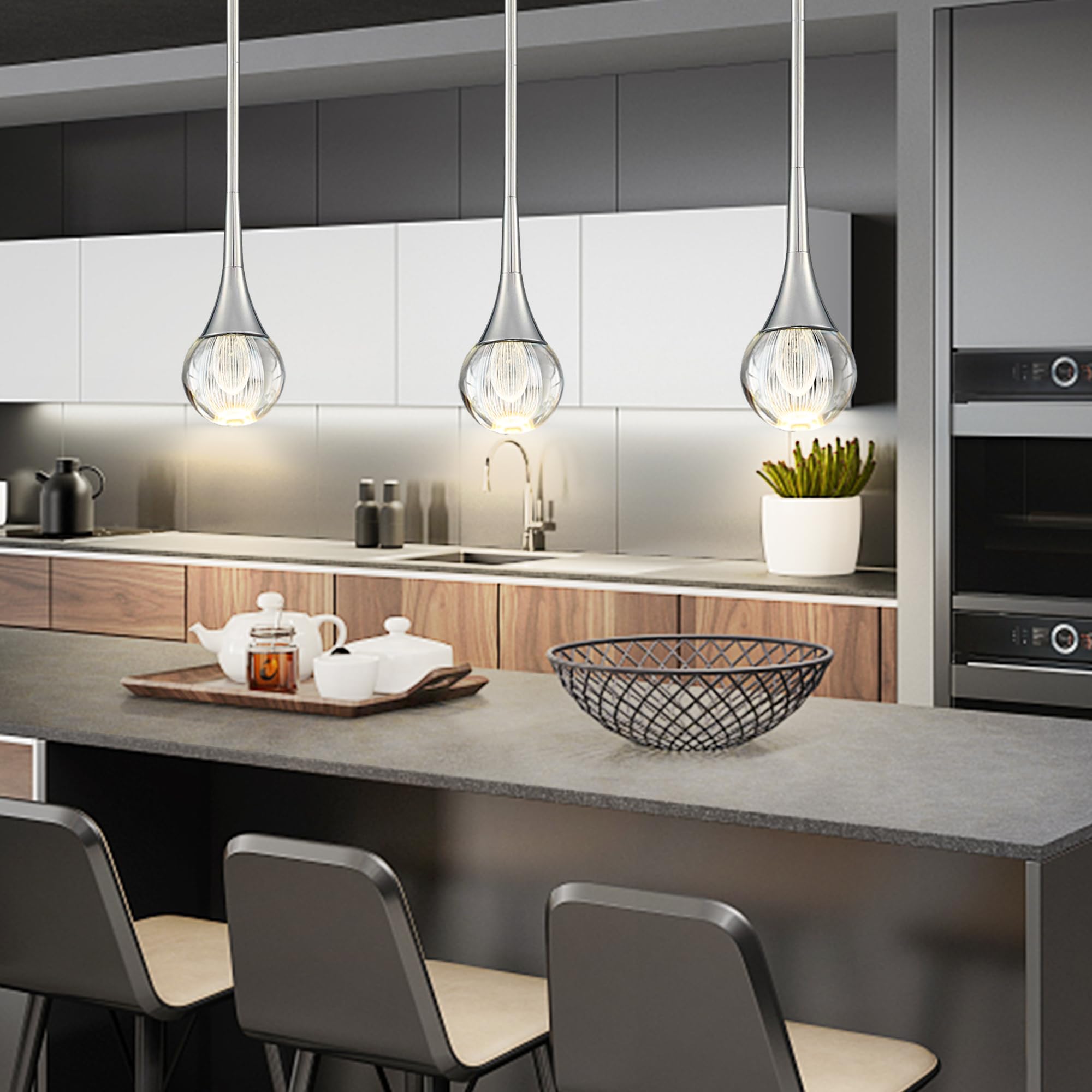 Eanloly 1-Pendant Lights Kitchen Island, Silver Globe Crystal Ceiling Hanging Light Fxitures, Led Raindrop Light Fixtures Metal