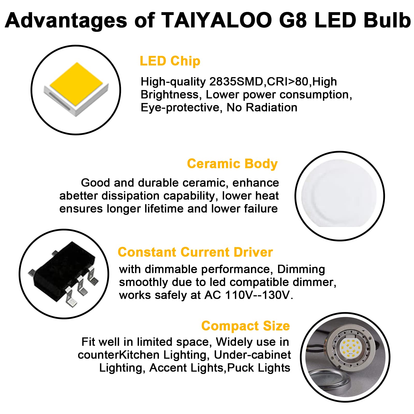 TAIYALOO G8 LED Puck Light Bulb, Dimmable, 3W (30W-35W Halogen Equivalent), Warm White 3000K, 10 Pack