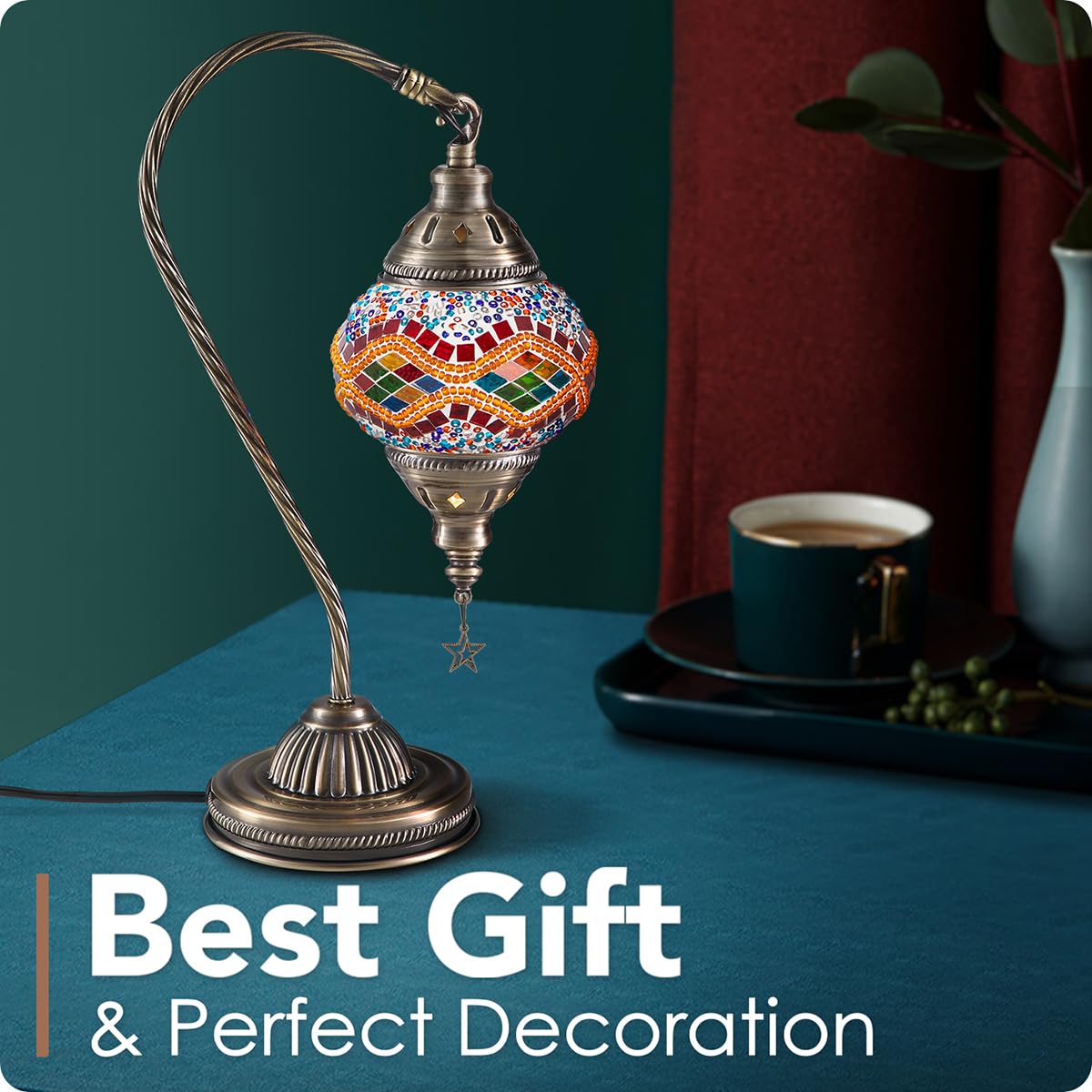 Yarra-Decor Turkish Moroccan Lamp, Handmade Tiffany Mosaic Glass, Bronze Base, LED Bulb Included, Orange2 Color