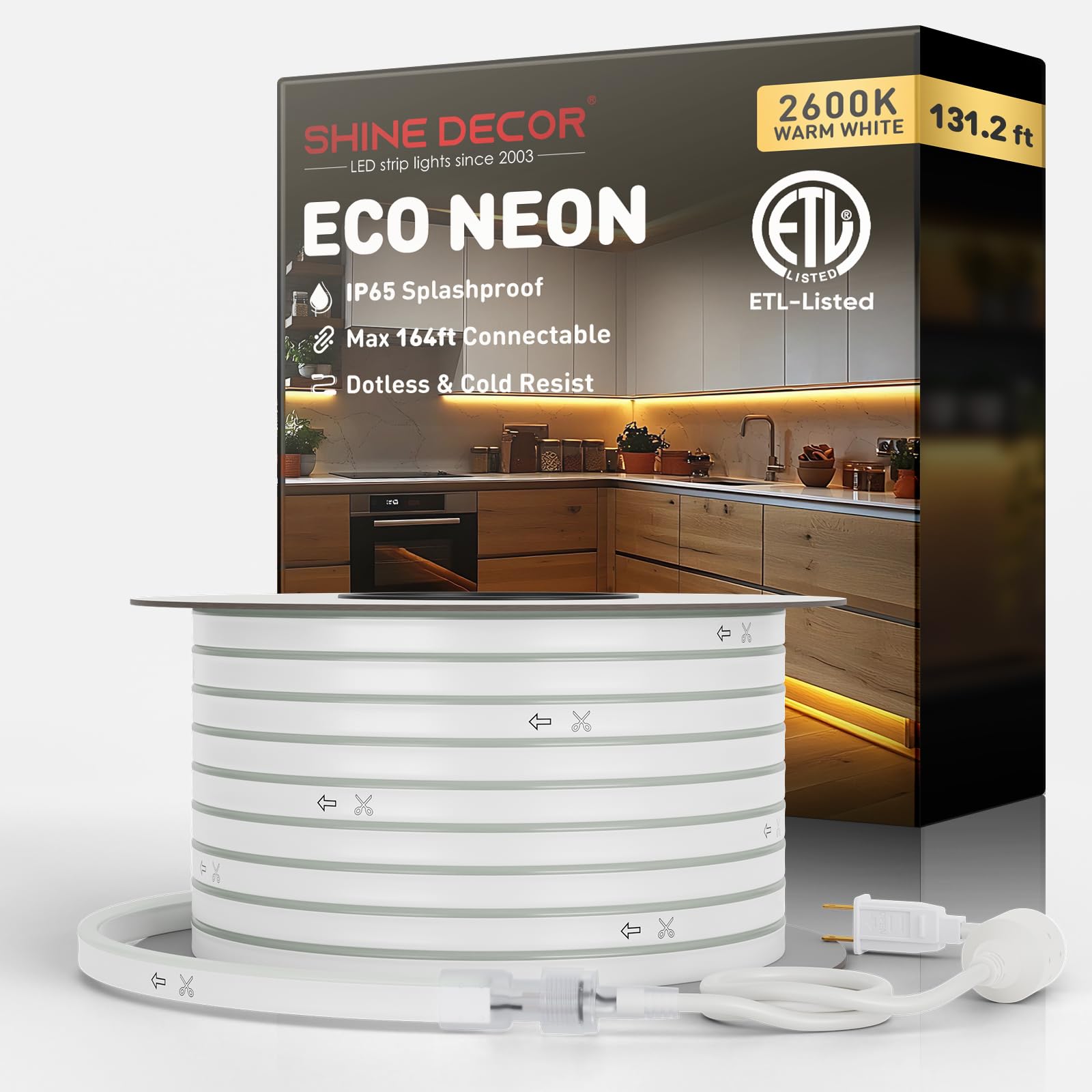 Shine Decor LED Neon Rope Lights, 131.2FT, Warm White, Outdoor Waterproof, Flexible PVC Strip, 120LEDs/M, ETL Plug&Play