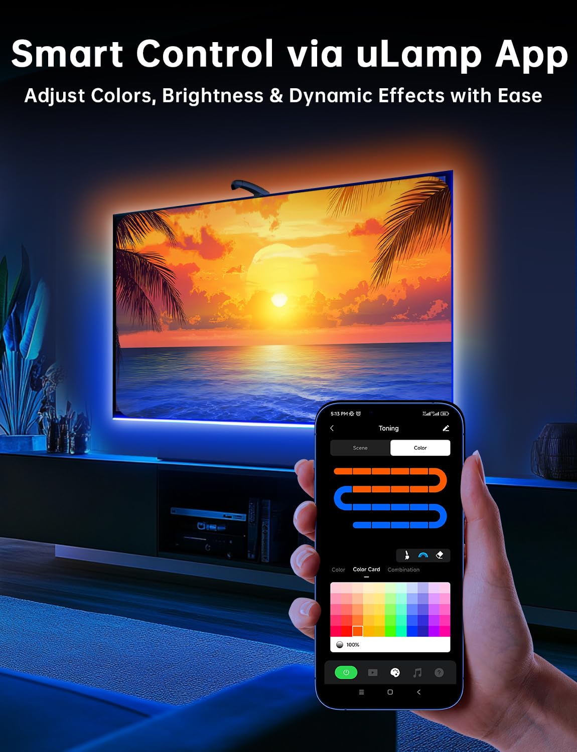 FFJ 14.7ft LED Backlight for 55-65'' TV & Monitor, Multicolor Smart App Control, Game & Music Sync, Cuttable Light Strip
