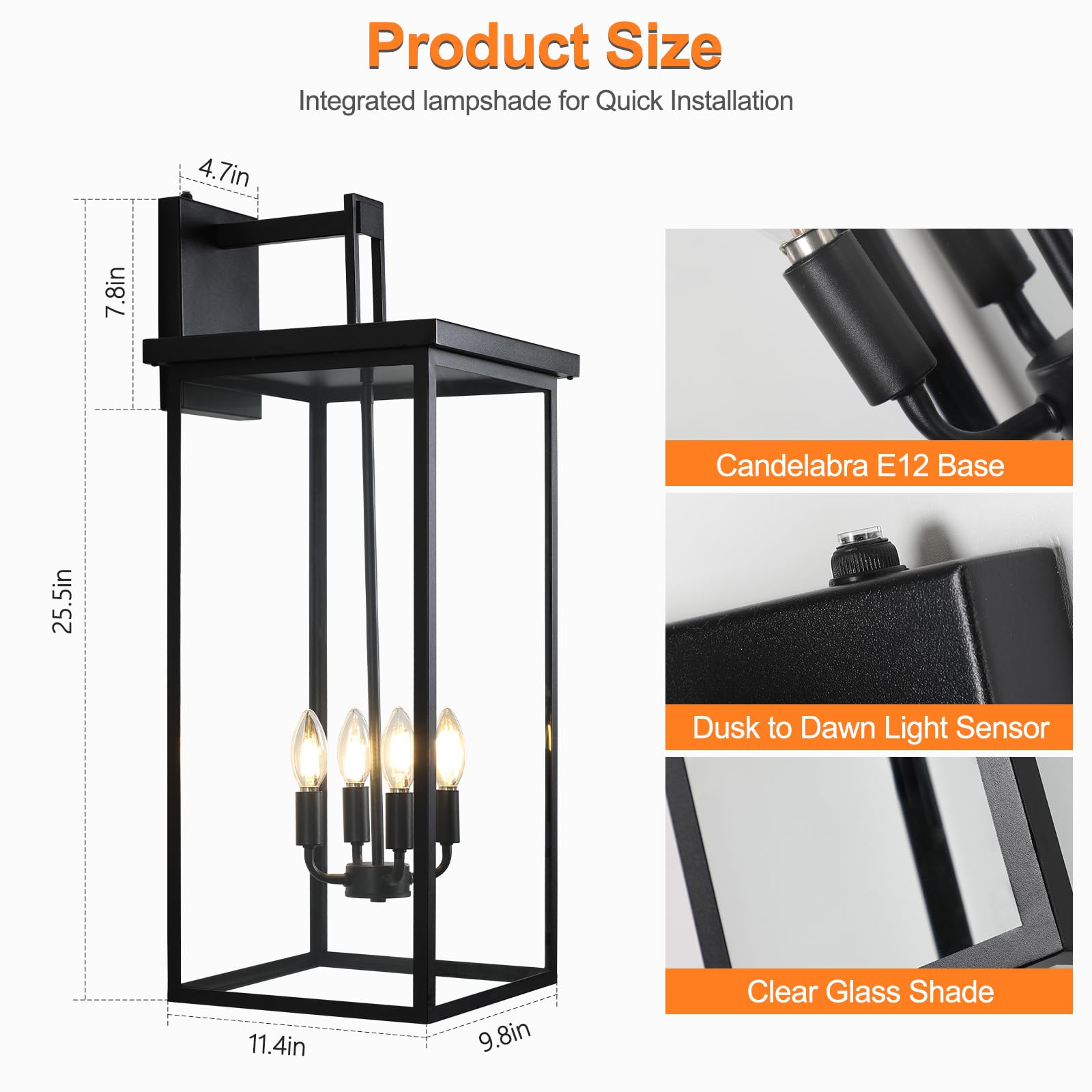 tewei Outdoor Wall Lights, 26in Dusk to Dawn Matte Black Sconce, Clear Shade, Modern Exterior Lighting Fixture, Model TW-LB-SR26