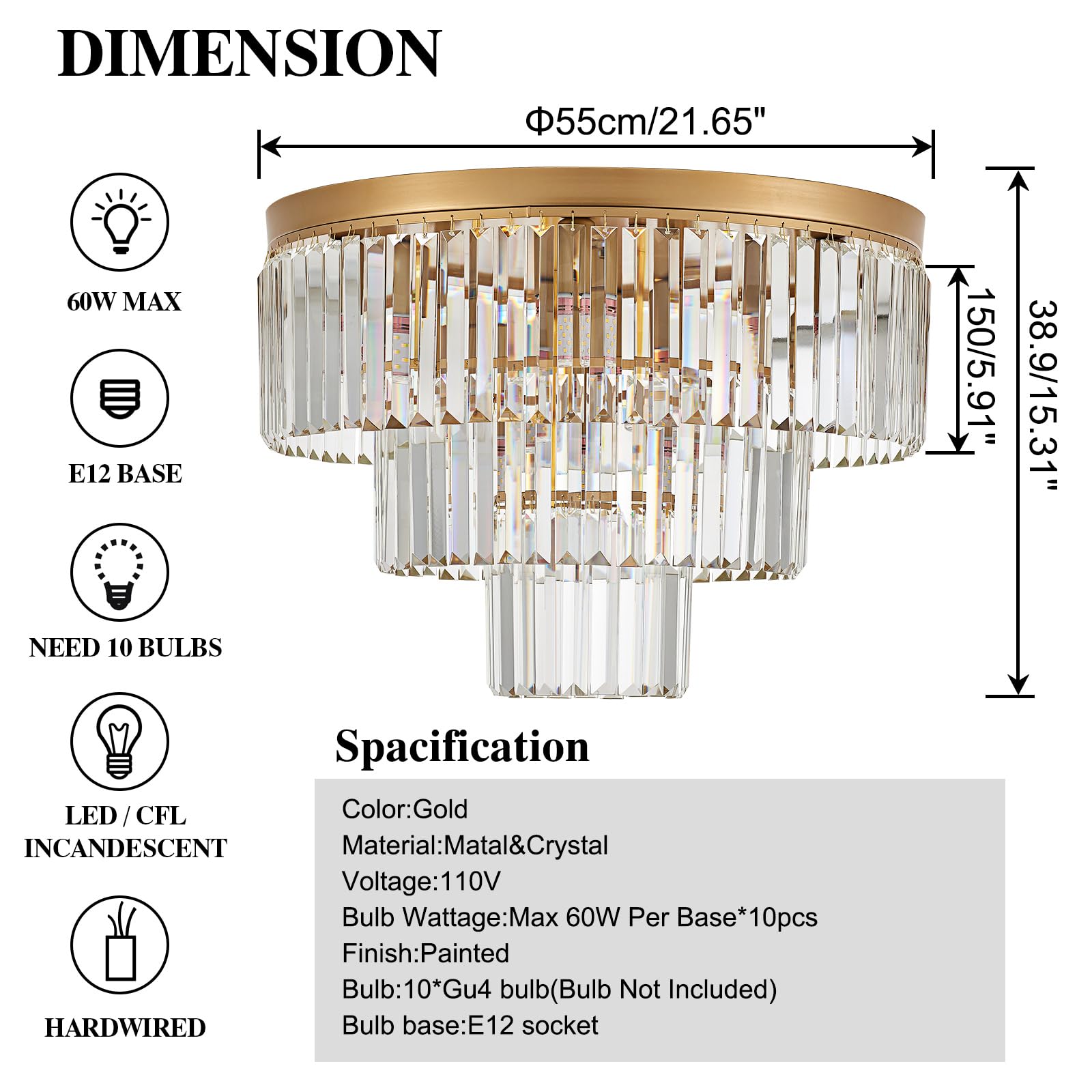 Faibra 10-Light Gold Crystal Ceiling Light 21.65" Modern Crystal Ceiling Light Fixture 3-Tier Luxury K9 Crystal Ceiling Light,For Dining Room Kitchen Island Living Room Bedroom Entryway