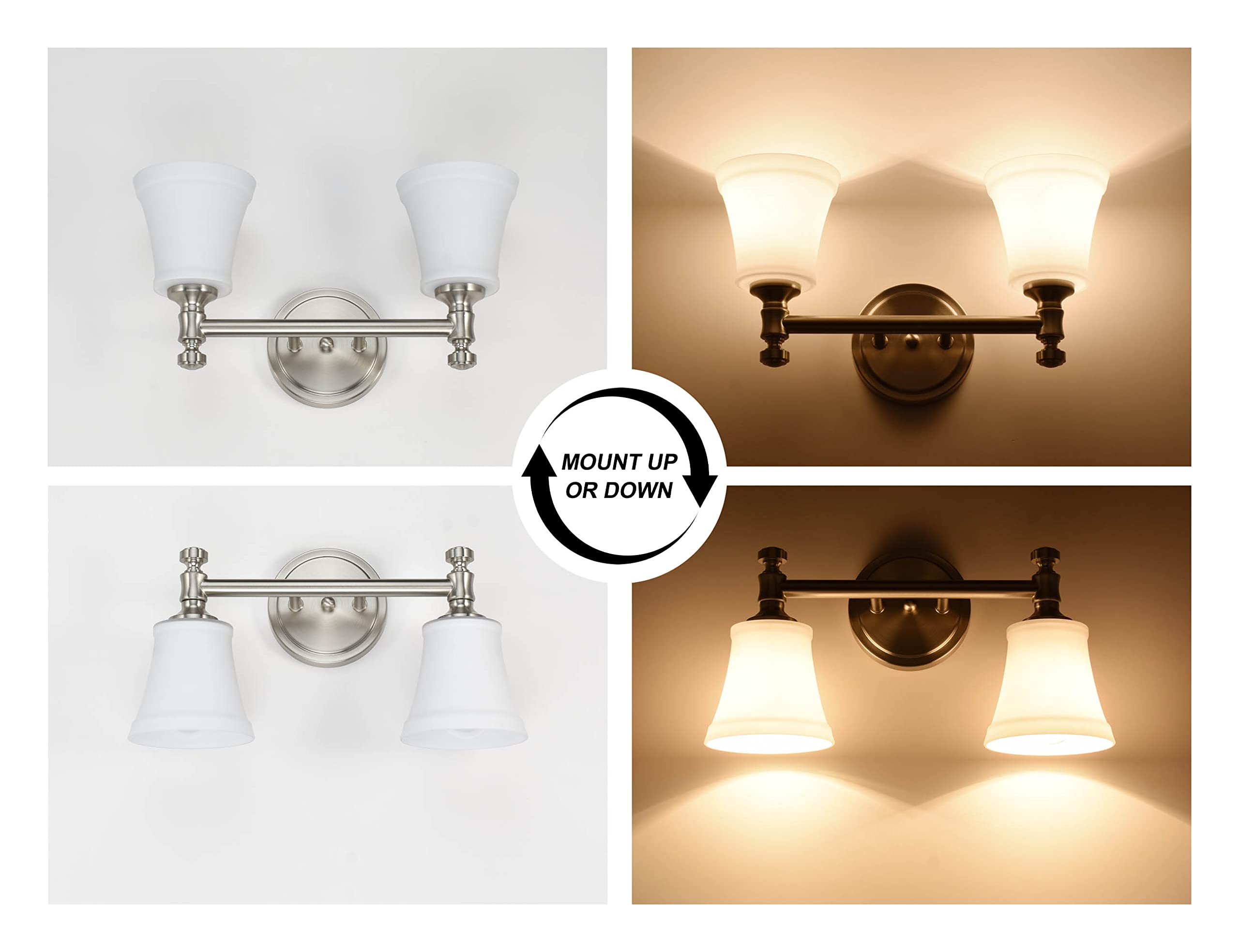 Hanaloa 2-Light Bathroom Vanity Light Fixture, Brushed Nickel Wall Sconce with Opal Glass Shade, Model VA0045-2-BN