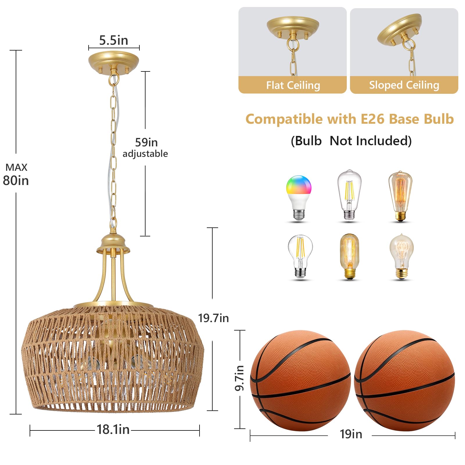 Gold Rattan Chandelier For Dining Room, 5-Light Boho Dining Room Light Fixture With Wicker Lampshade, Large Brass Pendant Hangin