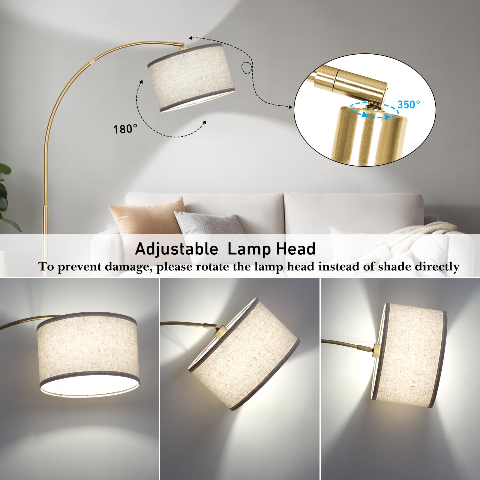 Gold Arc Floor Lamp For Living Room, Floor Lamp With Adjustable Drum Lampshade, Modern Tall Standing Lamp With Foot Switch, Over