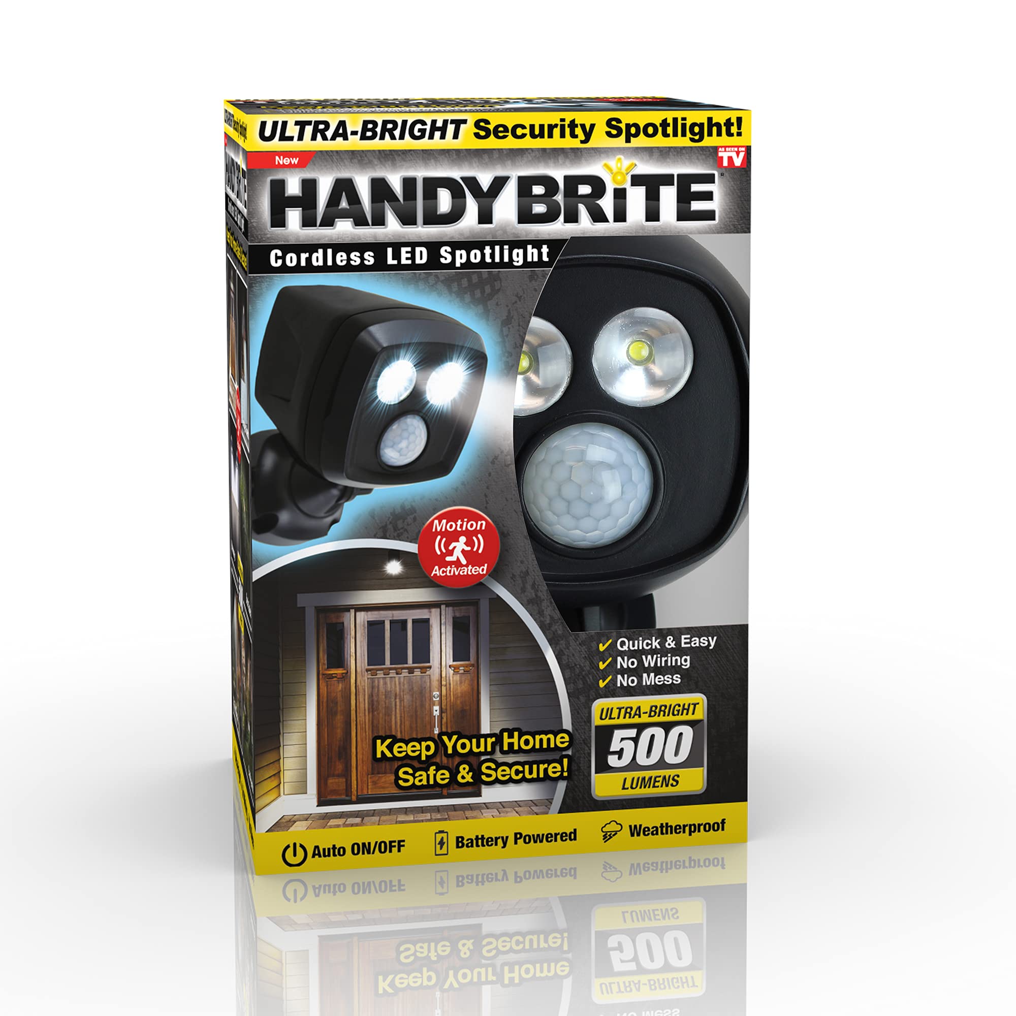 Ontel Handy Brite LED Security Spotlight, 500 Lumens, Motion-Activated, Battery Powered, Weatherproof, Standard Size, Black, Model HBSL-MC12/4