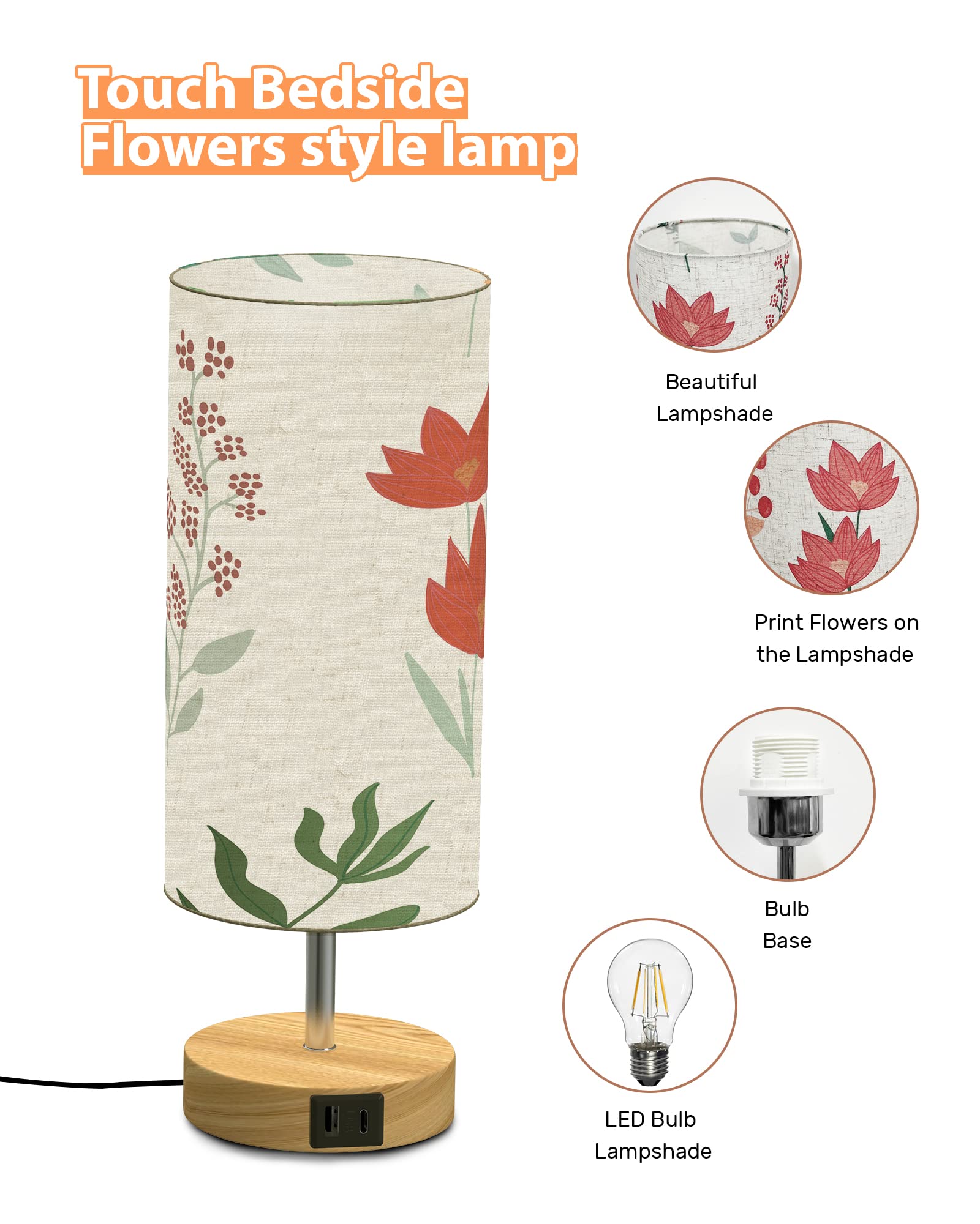 Lanmonlily Touch Bedside Lamp With Two Usb Charging Ports - Three-Way Adjustable Brightness Table Lamp With Patterned Linen Shad