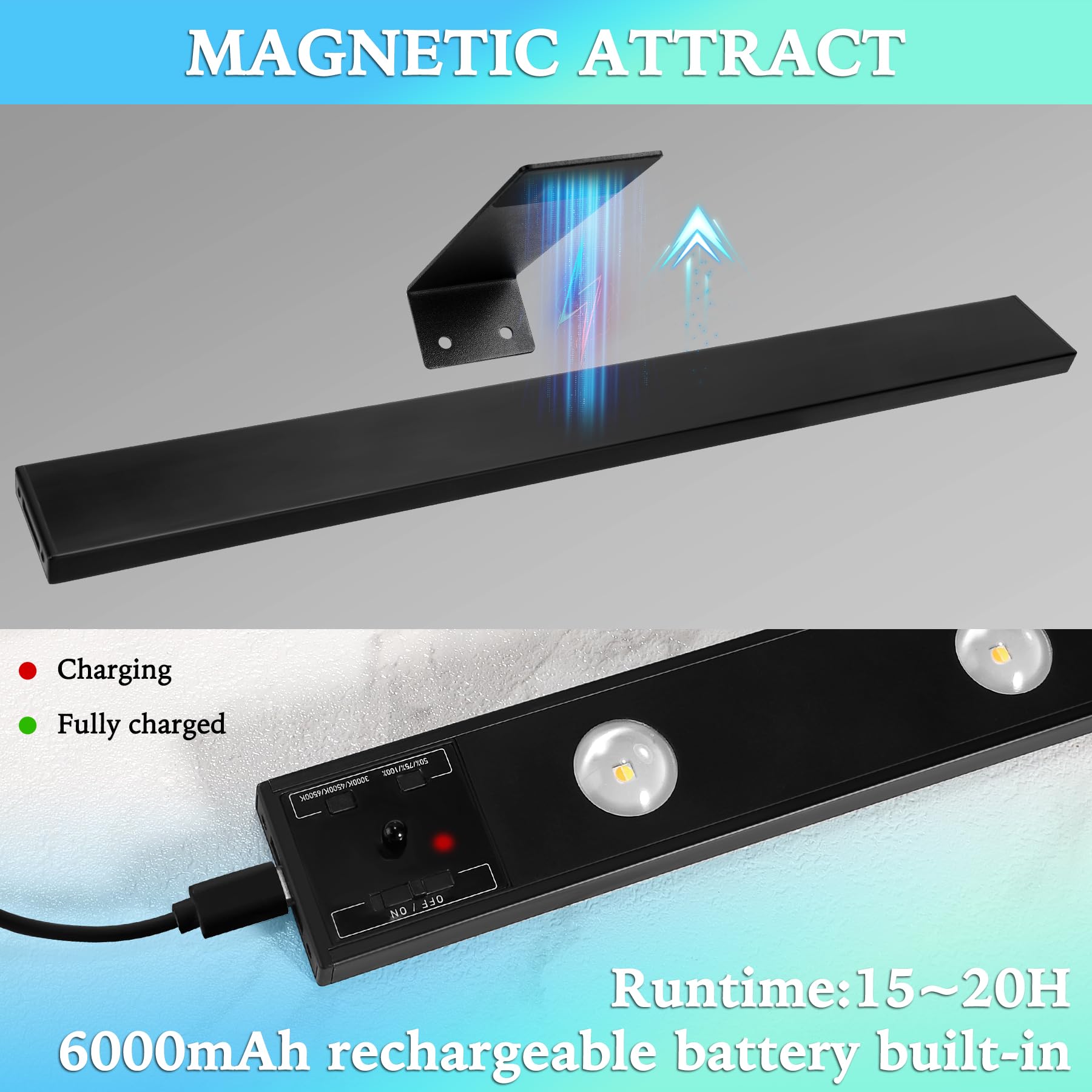 Tintindoc 22''Wireless Led Picture Light Battery Rechargeable 6000Mah Full Metal,Painting Light For Wall With Remote Control,3 Lighting Dimmable Timer Off, Art Light For Display Wall Picture, 400Lm