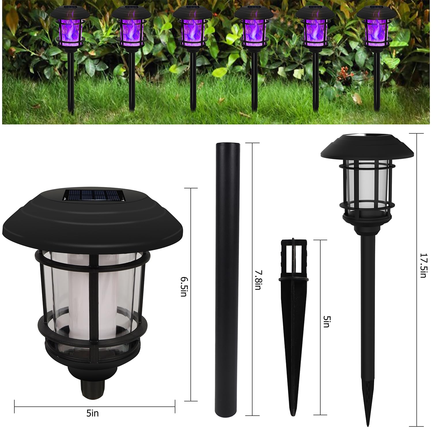 Dynaming 6 Pack Solar Flame Torch Lights Outdoor, Dual Use Flickering Purple Flame Garden Light, Hanging Lantern, Auto On/Off & Waterproof Halloween Lighting For Lawn Patio Yard Walkway Driveway
