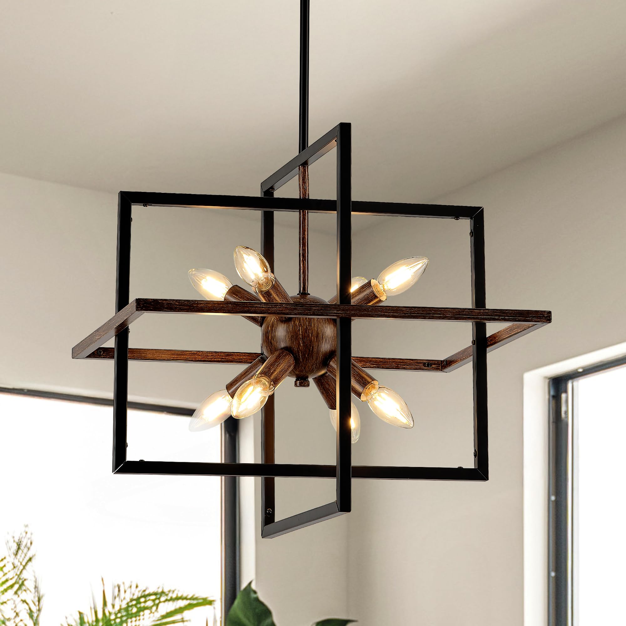 Tacdandm 8-Light Wood Grain And Vintage Black Sputnik Chandelier  18.9 Industrial Pendant Lighting Fixture For Dining Room