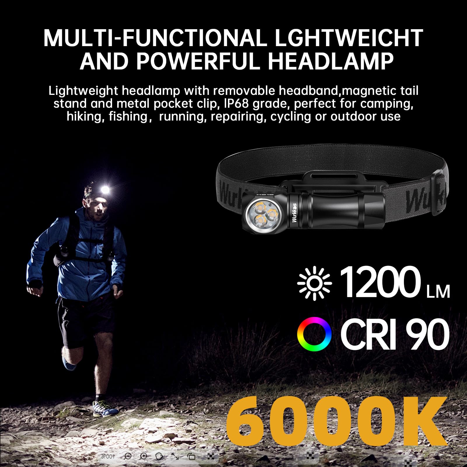 Wurkkos HD10 Headlamp Rechargeable 1200 Lumens LED, Lightweight, Black-6000K, Adjustable Headband