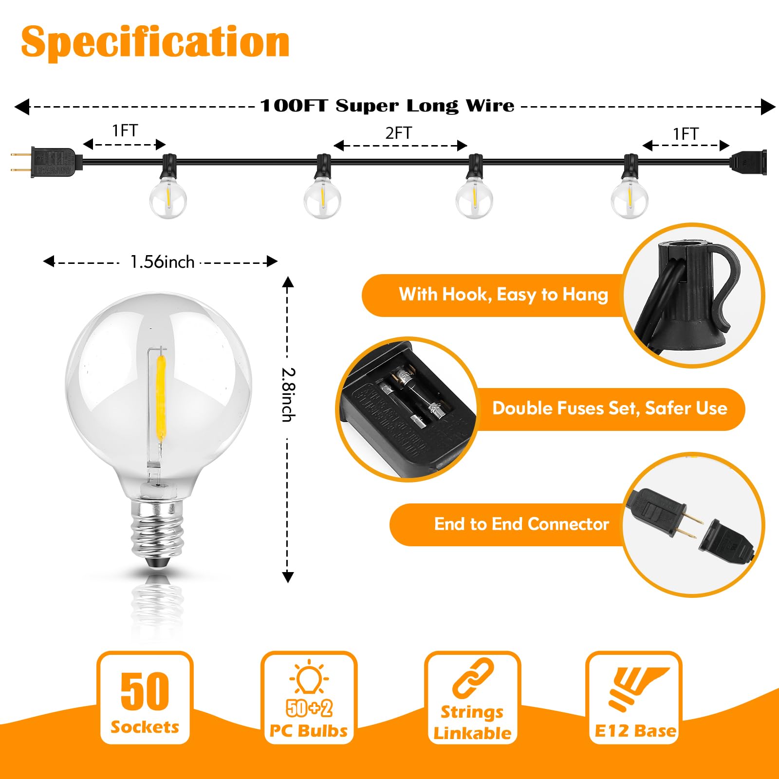 Brightever G40 LED Globe String Lights 100FT Waterproof Dimmable Shatterproof, Clear/Black, Model YGL-KE-05