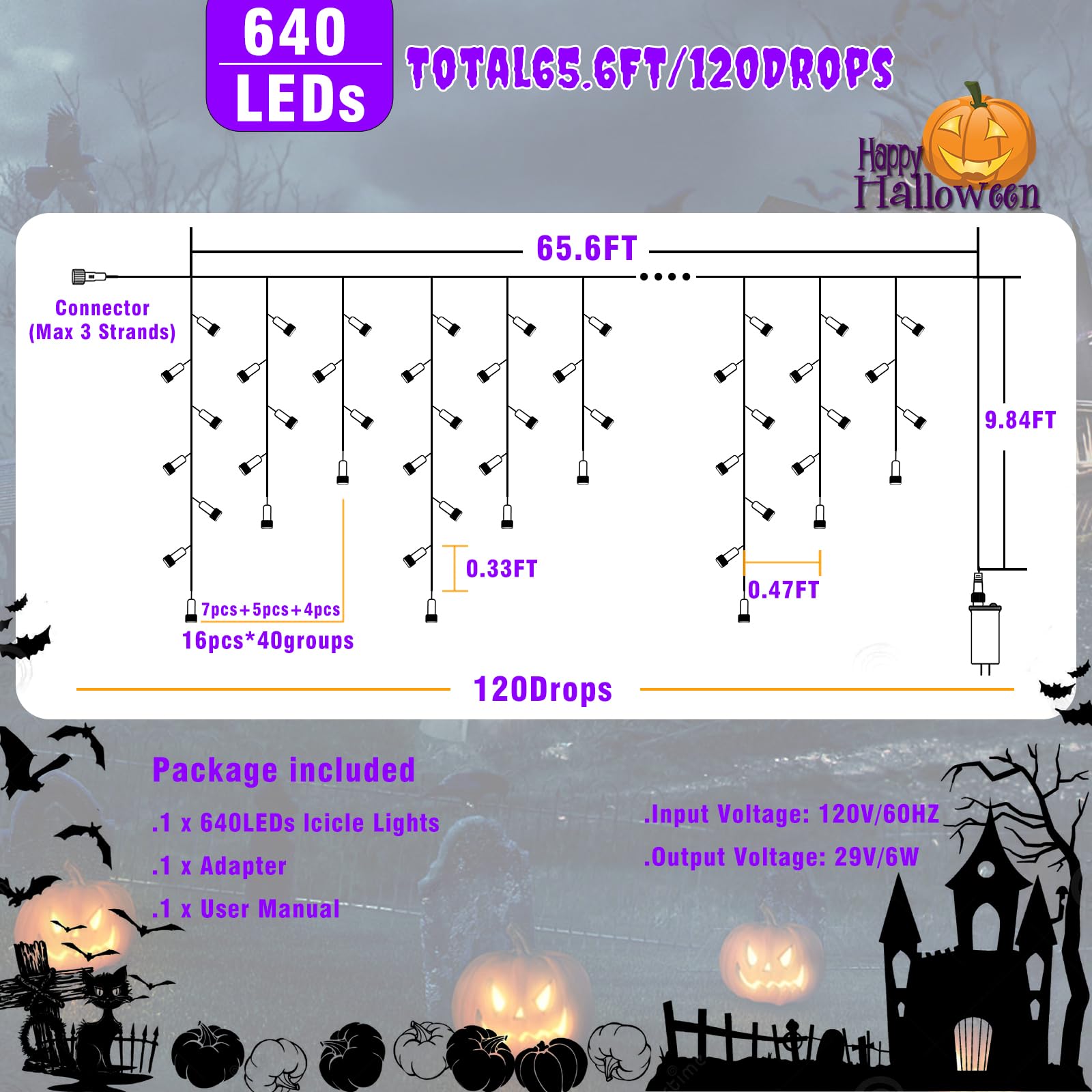 66Ft Christmas Lights Outdoor  640 Led Icicle Lights For Outside  Orange And Purple Twinkle Lights With Connectable Clear Wire 8 Modes Timer Waterproof For House Party Tree Holiday Yard Decorations