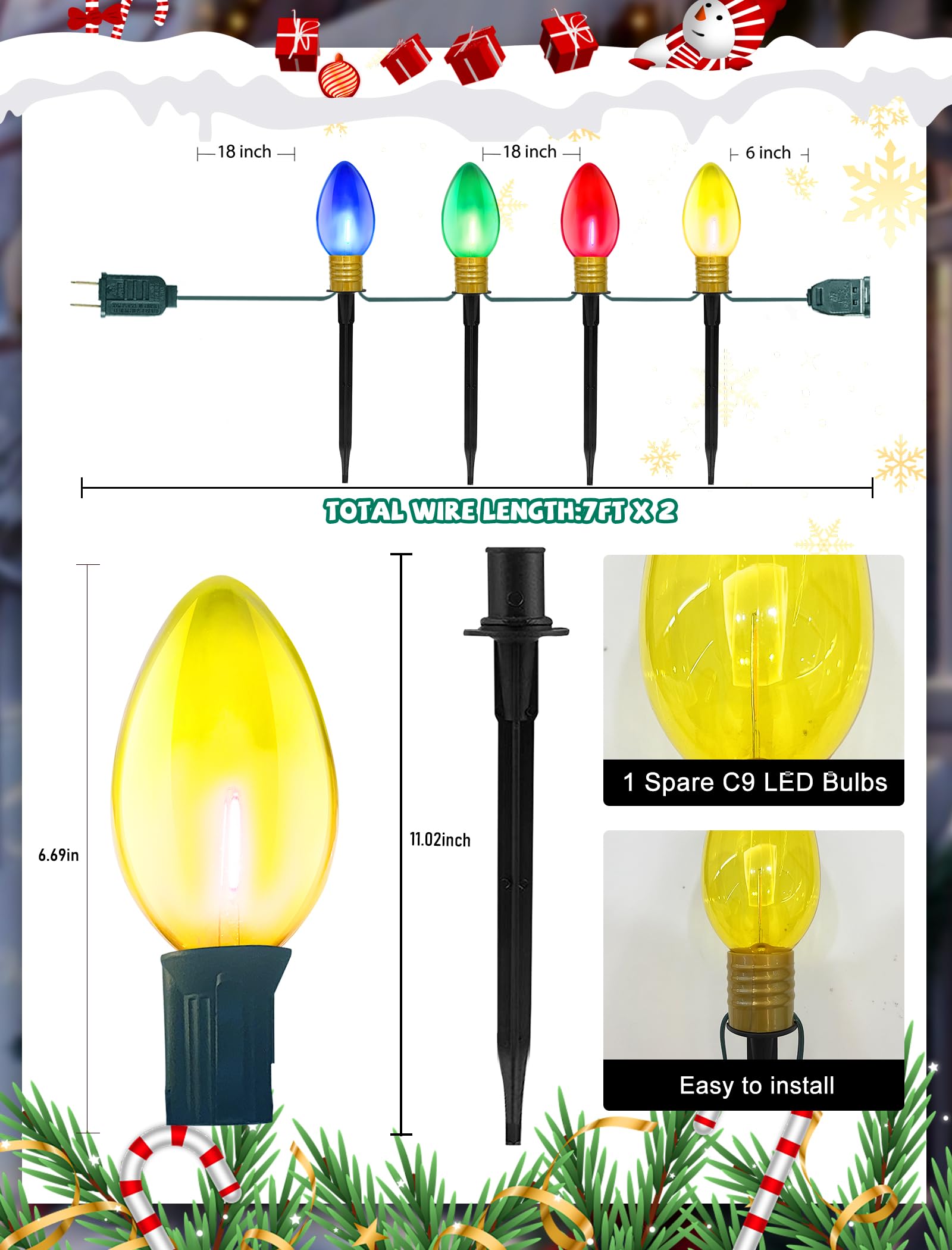 GOOTHY Jumbo C9 Christmas Pathway Lights, 14FT Outdoor Decorations, 2Pk with 8 LED Clear Multicolor Bulbs, Ideal for Lawn and Sidewalk