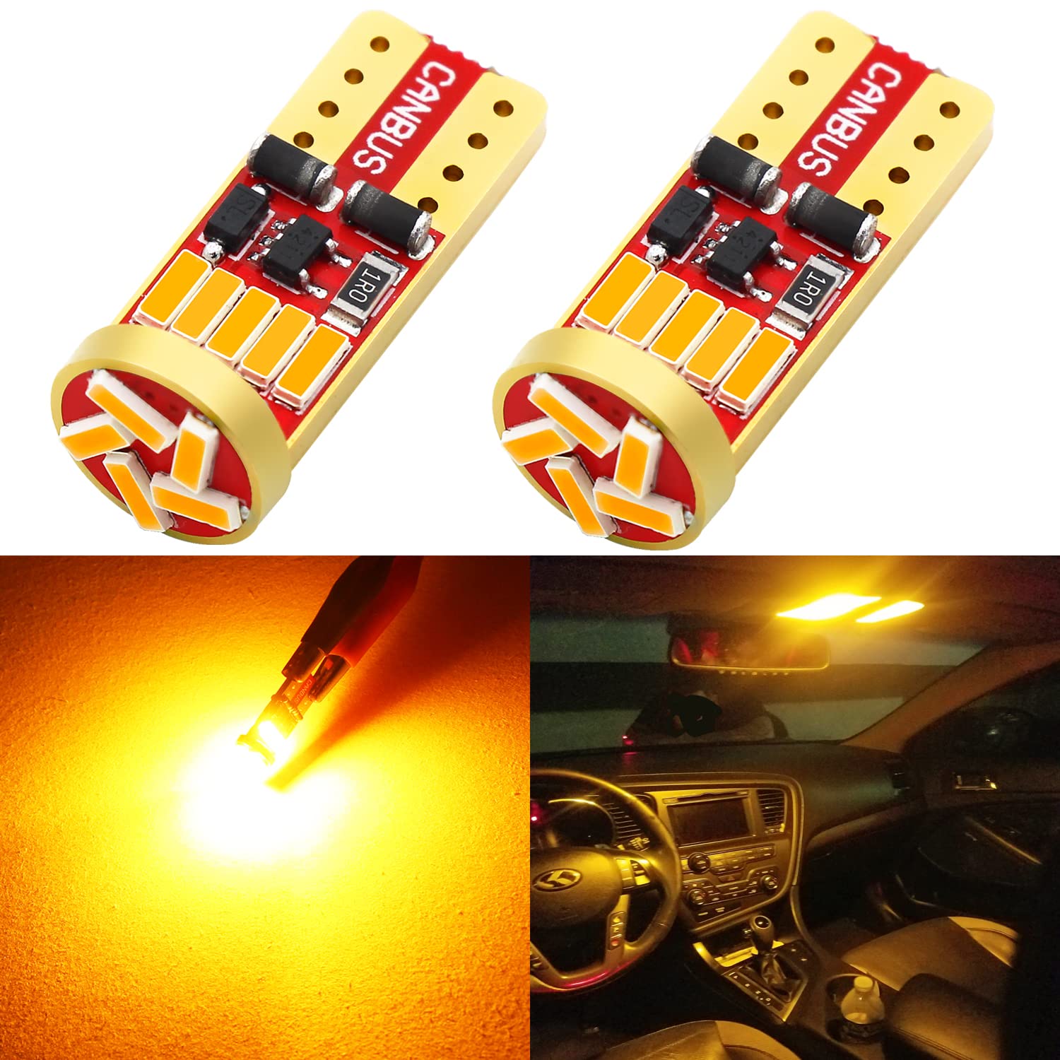 PHINLION 194 LED Bulb Replacement for Car Lights, 15-SMD 4014 Chipsets, Amber Yellow