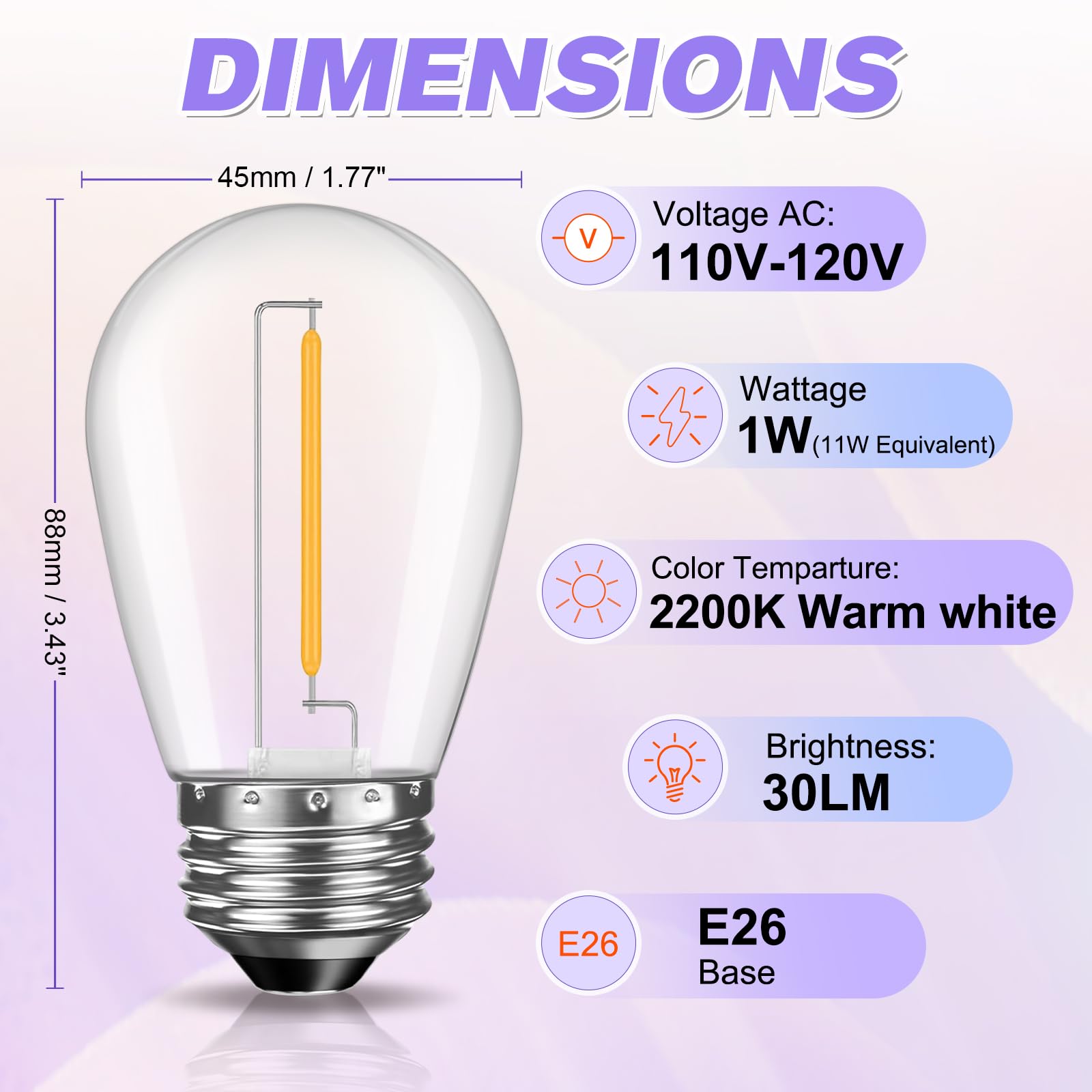 GvvooHome S14 LED Replacement Bulbs, 15 Count Shatterproof, Waterproof, Warm White 2200K, Dimmable, E26, Plastic