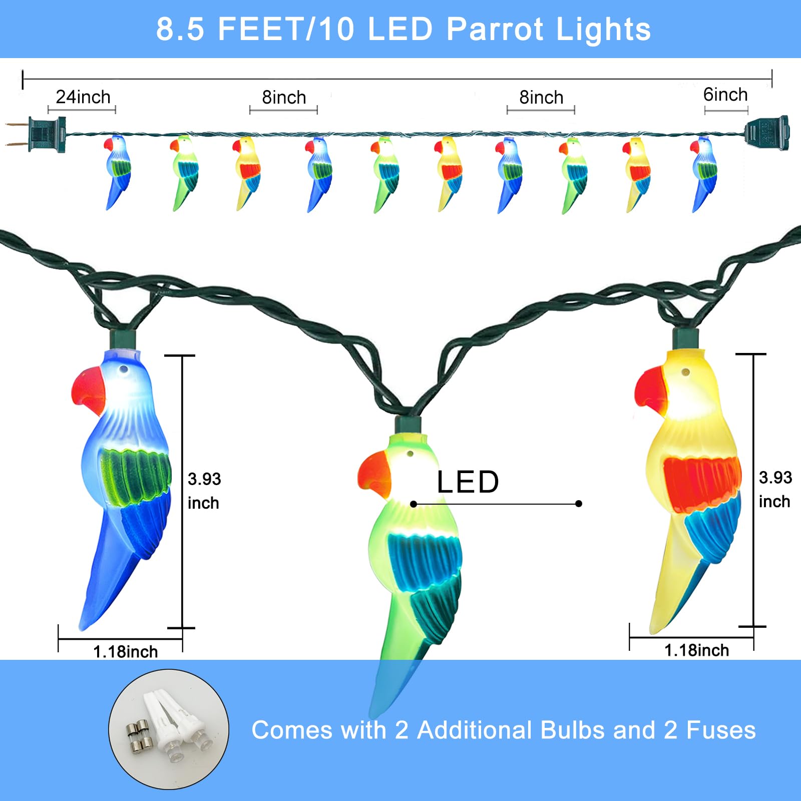 SUNSGNE LED Parrot String Lights, 8.5ft Indoor Hanging Decor with 10 Plug-in Parrot Lights for Party, Birthday, and Holiday Decor