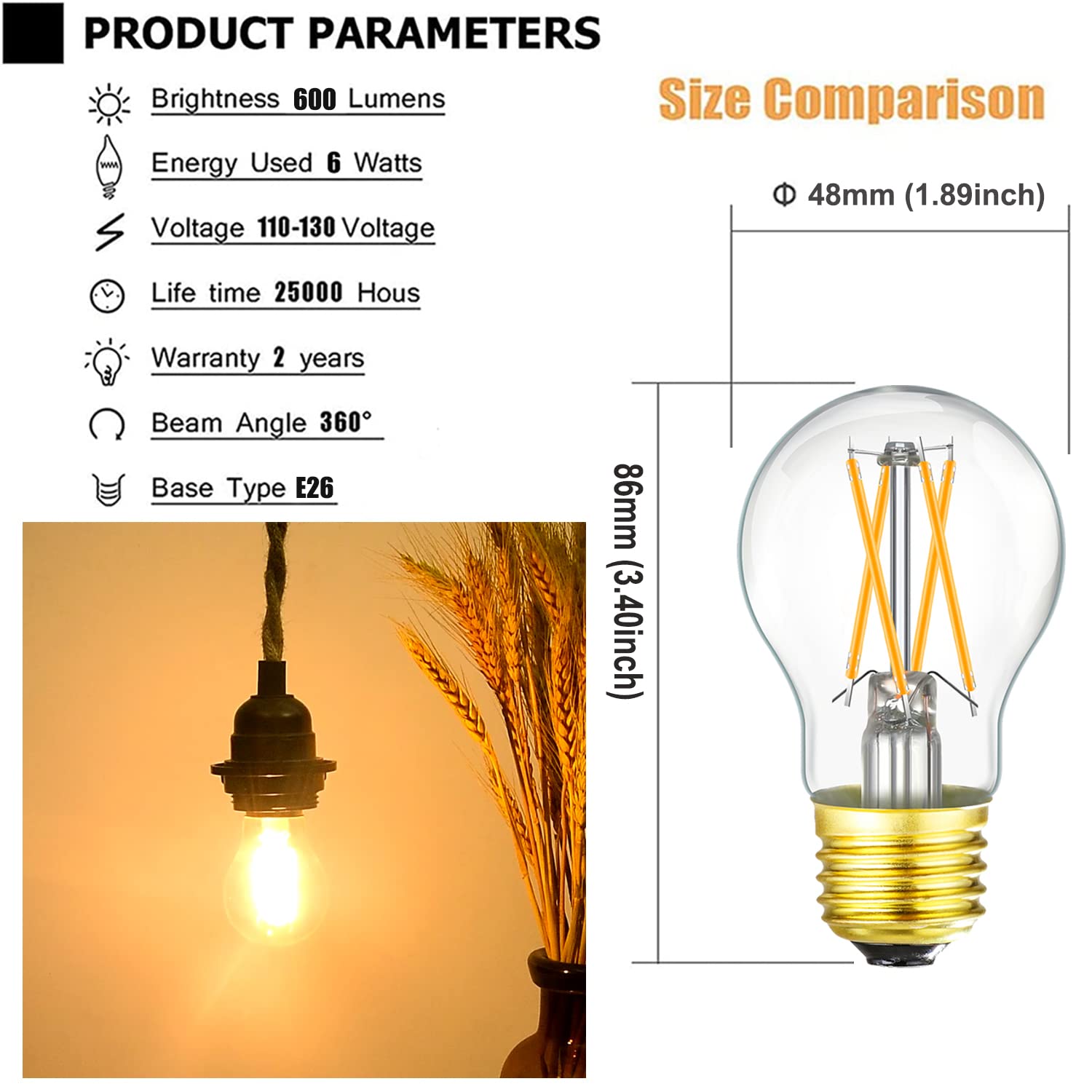 Leools Dimmable E26 Led Bulb 6W Equal 60 Watt Vintage Led Edison Bulb Ac120V 2700K A15 Led Bulb For Ceiling Fan Light Bulbs,Appl