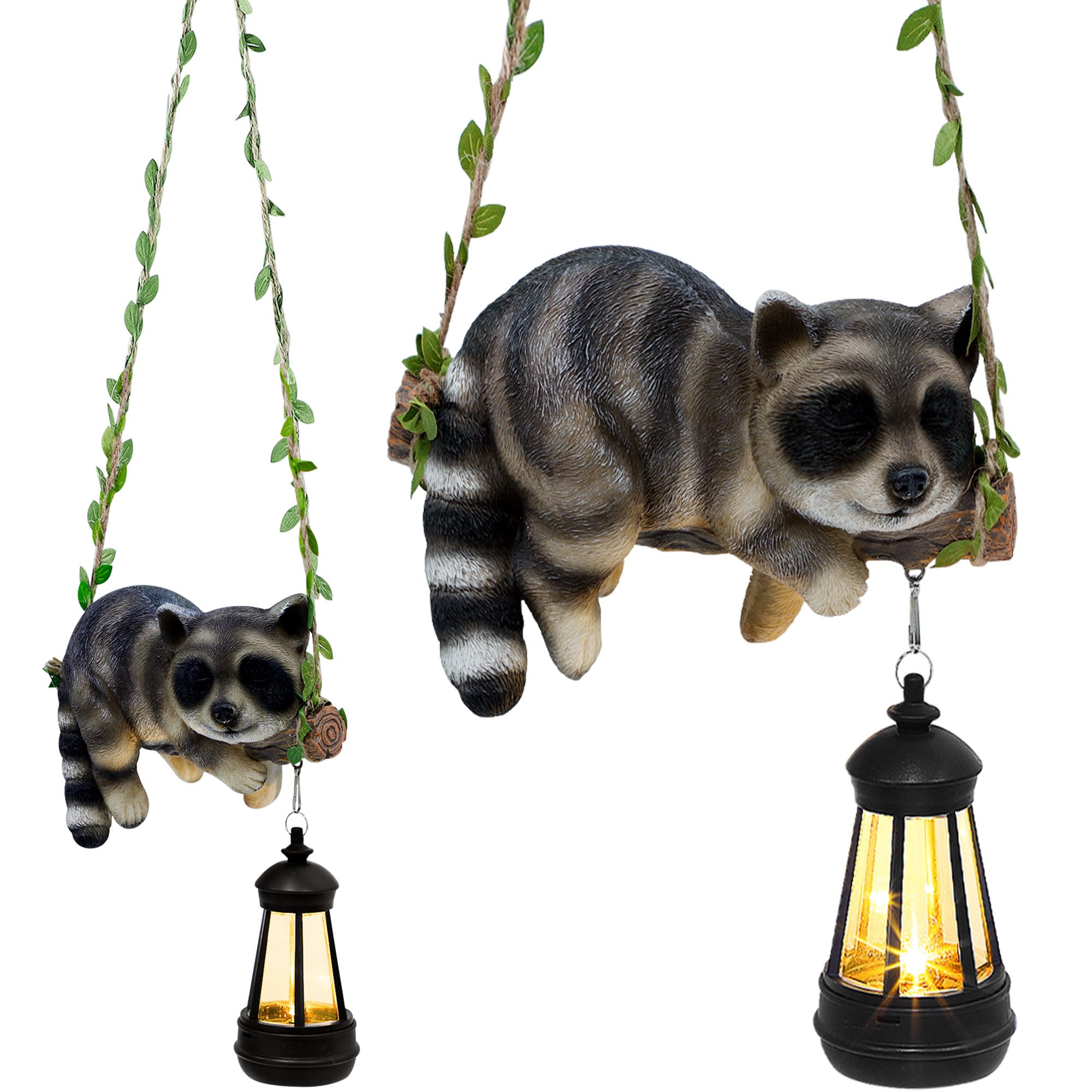 ZaaYee Solar Lighted Garden Statue, 20.1in Hanging Raccoon with LED Lantern, Brown Resin Figurine, Model LIERCN