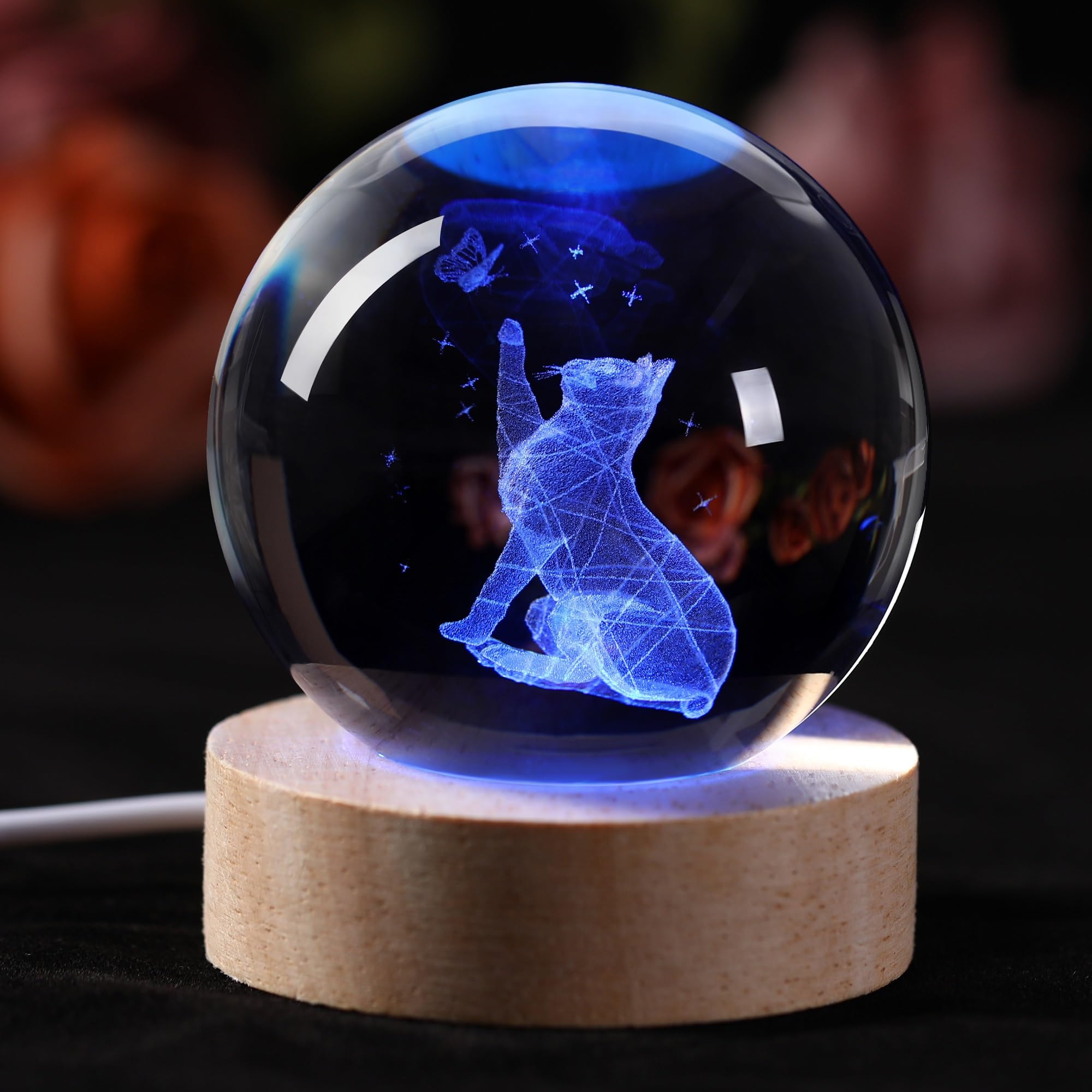 Youercrystal 3D Cat Figurine In Crystal Ball Nightlight With Colorful Led Base, Cute Cat Lover Gifts For Woman, Crystal Glass Kitten Collectibles Kitty (60Mm Ball)