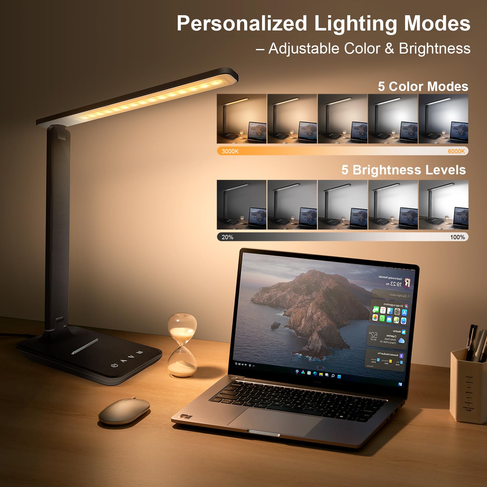 shinelife LED Desk Lamp, Touch Control, 5 Modes & Brightness, USB Charging, Adjustable, Black, Model T26A