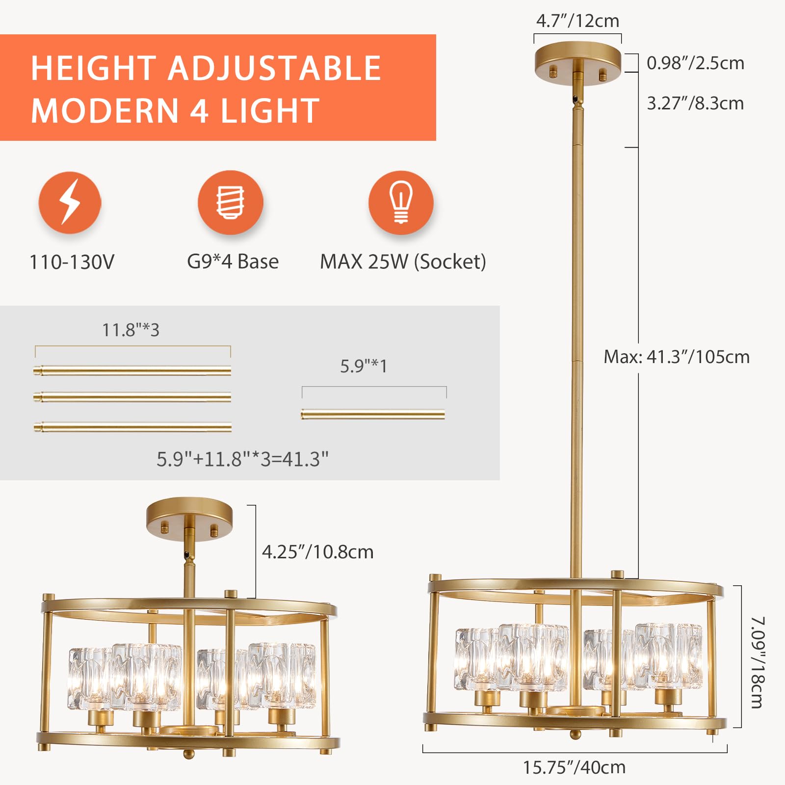 Majhoiw Modern Gold 4-Light Drum Chandelier - Farmhouse Pendant Lighting for Dining Room, Round-Gold Metal Ceiling Fixture