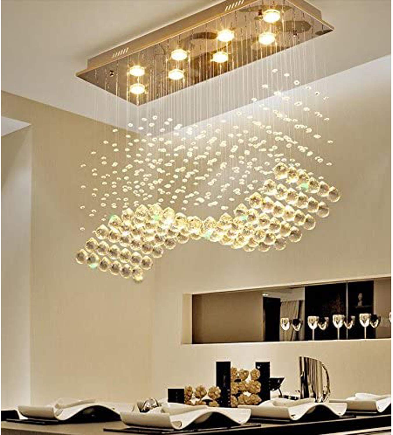 Siljoy Modern Wave Raindrop Crystal Chandelier Rectangular Pendant Flush Mount Ceiling Light For Dining Room Living Room Length