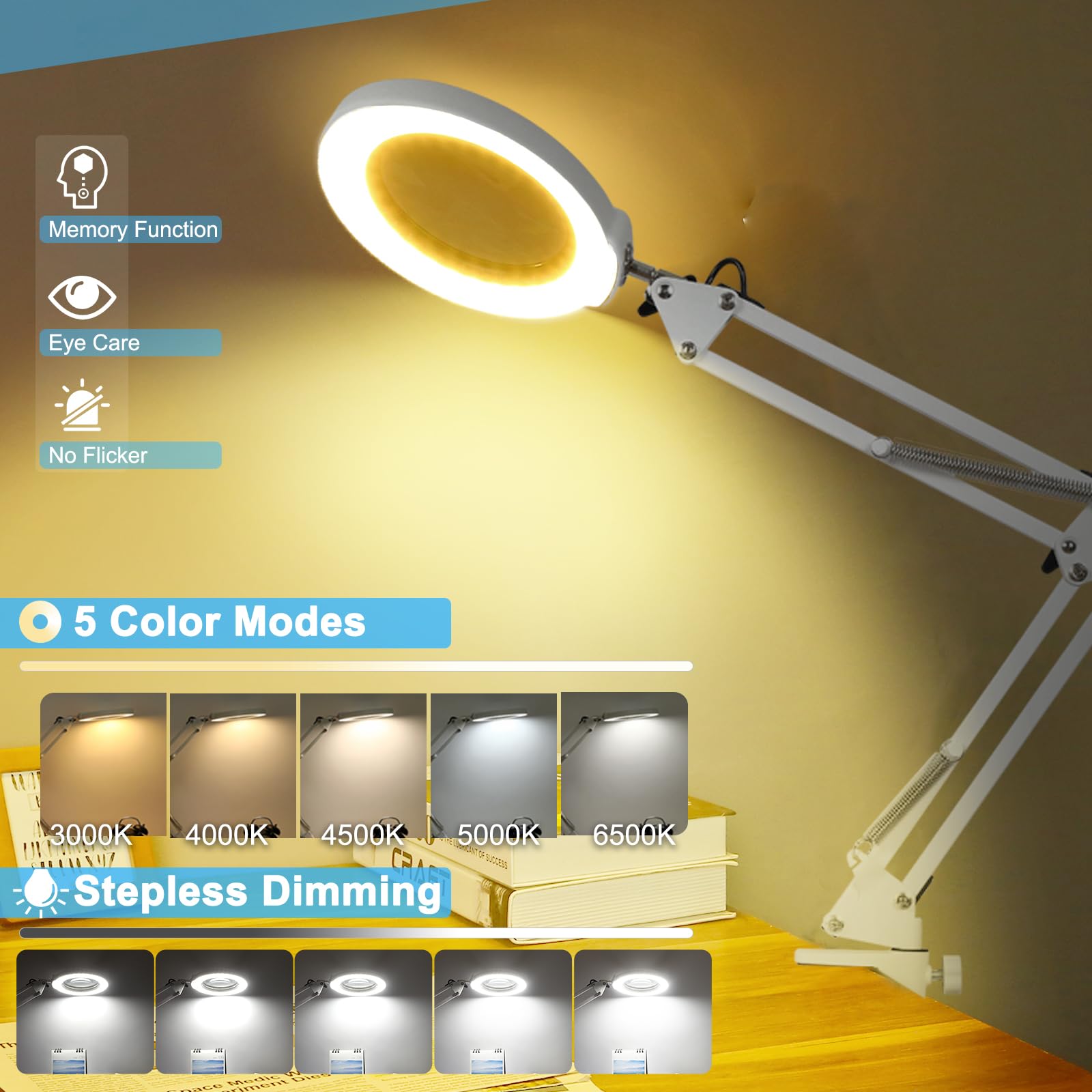 Coyeth 10X Magnifying Glass with Light, Metal Clamp, Stepless Dimmable LED, White, Model CML-W6