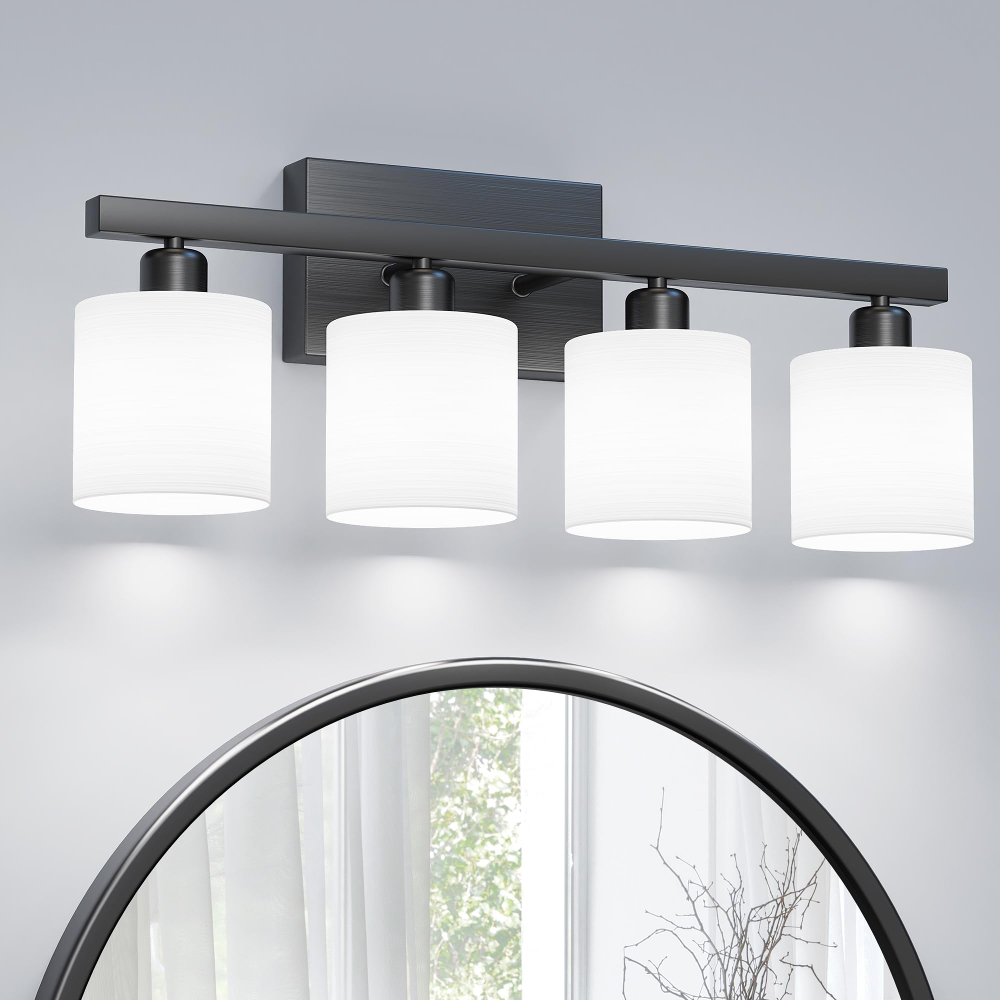 PARTPHONER Classic Vanity Light, 4-Light Modern Design, Matte Black, Textured White Glass Shade, Model PAWL201AB1