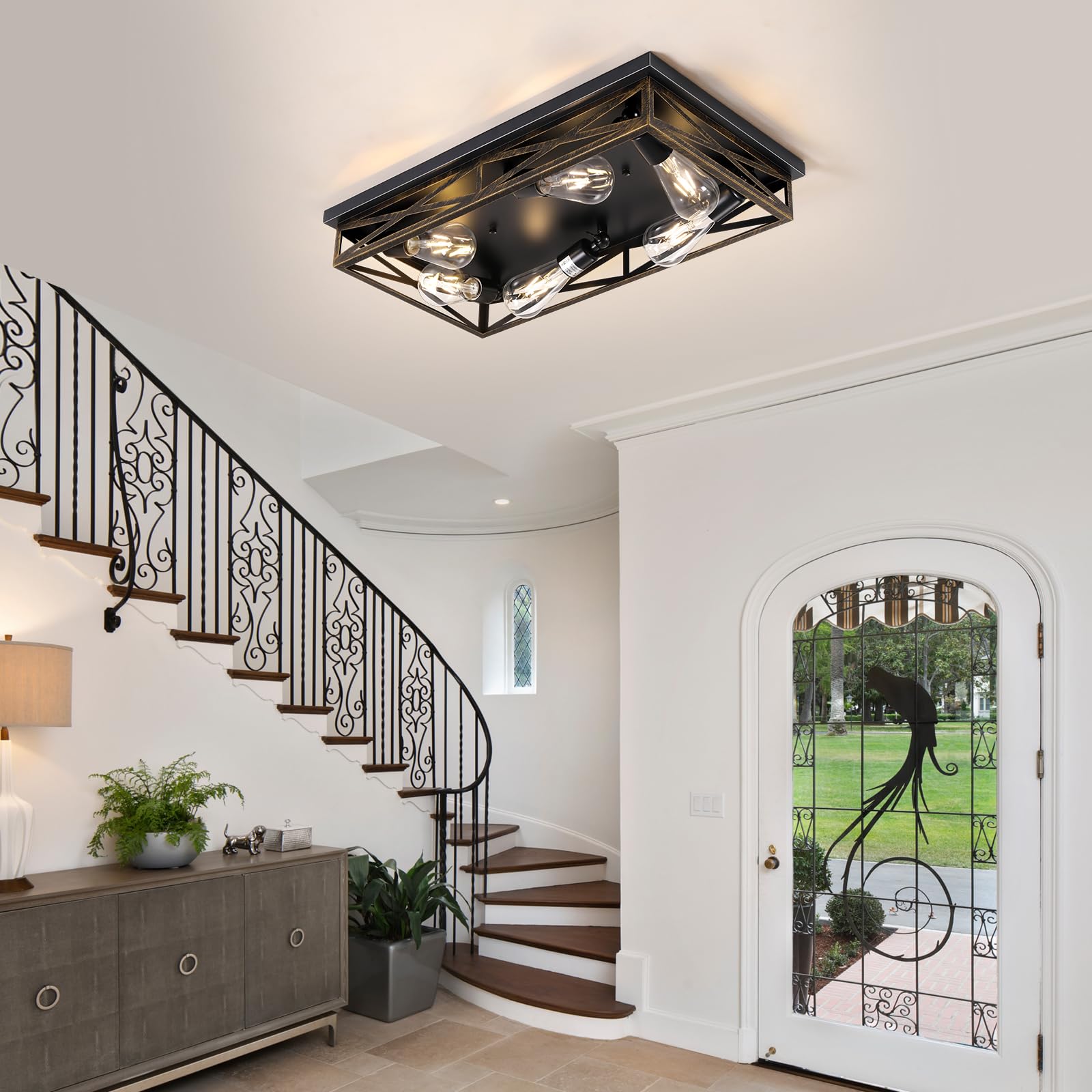 DIKAIDA 6-Light Rustic Black Ceiling Light Fixture, Industrial Metal Cage, Flush Mount, 23in for Kitchen, Hallway, 1 Pack