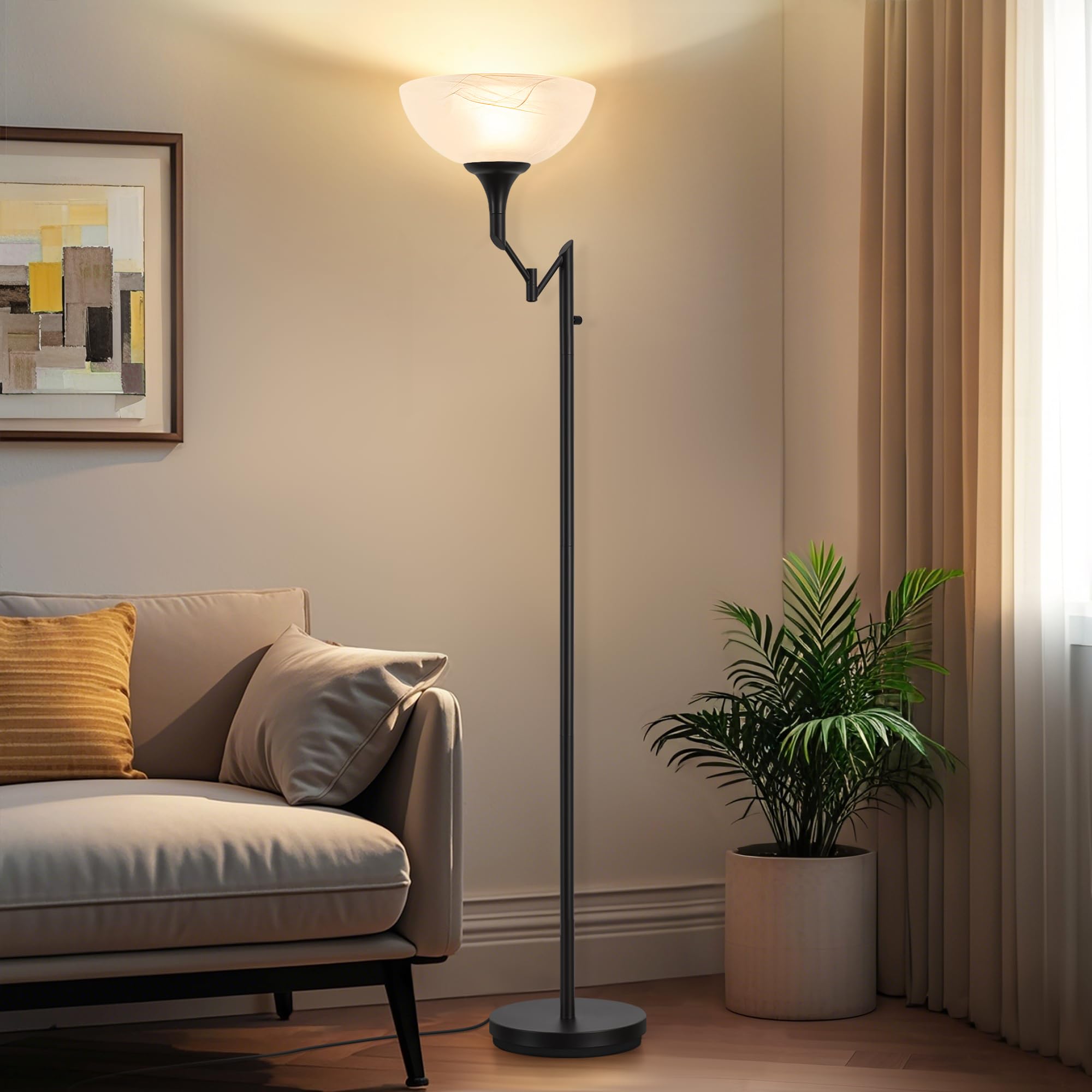 EJIAXIN Floor Lamp for Living Room - 70'' Black Torchiere Standing Floor Lamps with Glass Shade - Tall Corner Lamp Decor for Bed