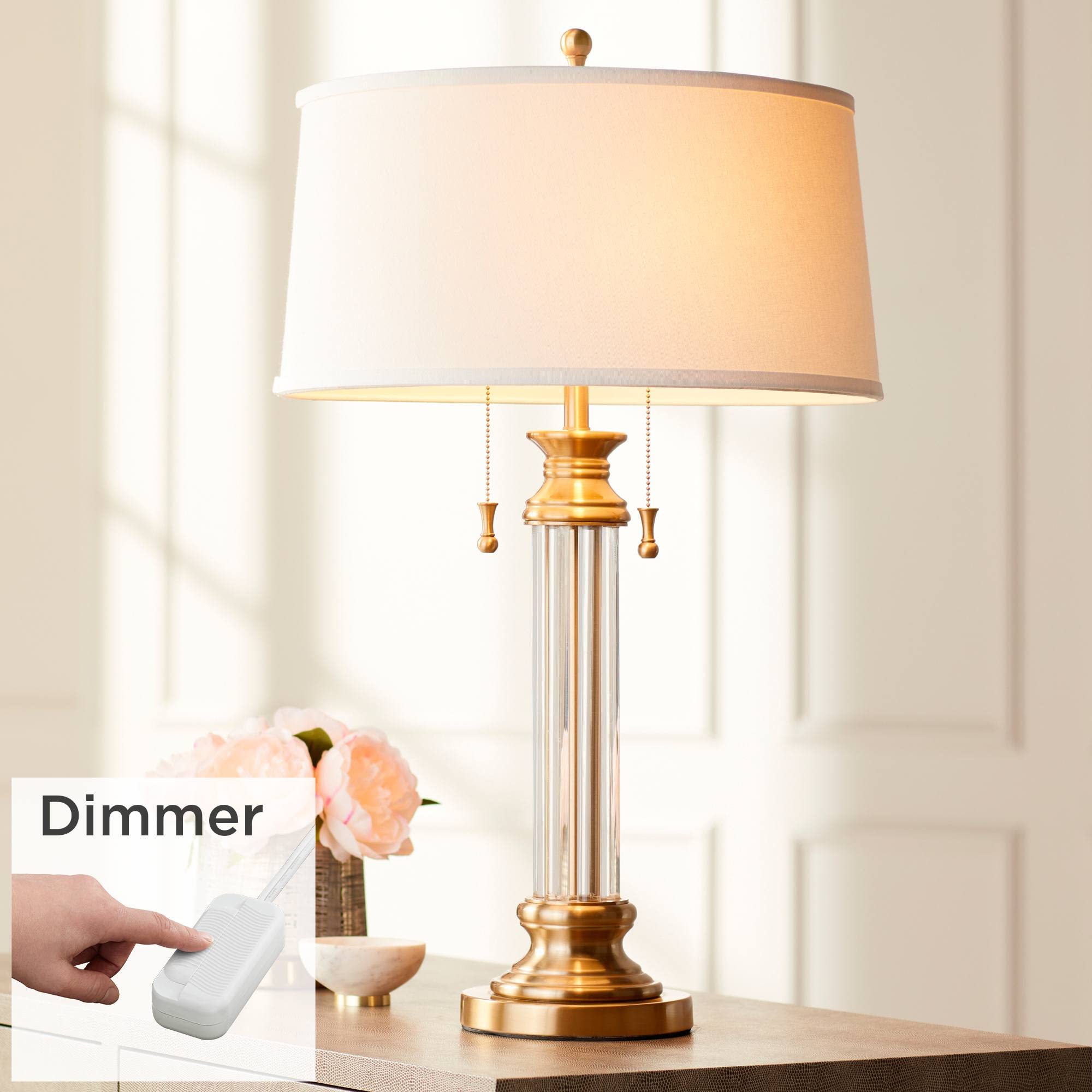 Vienna Full Spectrum Rolland Table Lamp With Table Top Dimmer 30'' Tall Antique Brass Crystal Column Off White Tapered Drum Shad