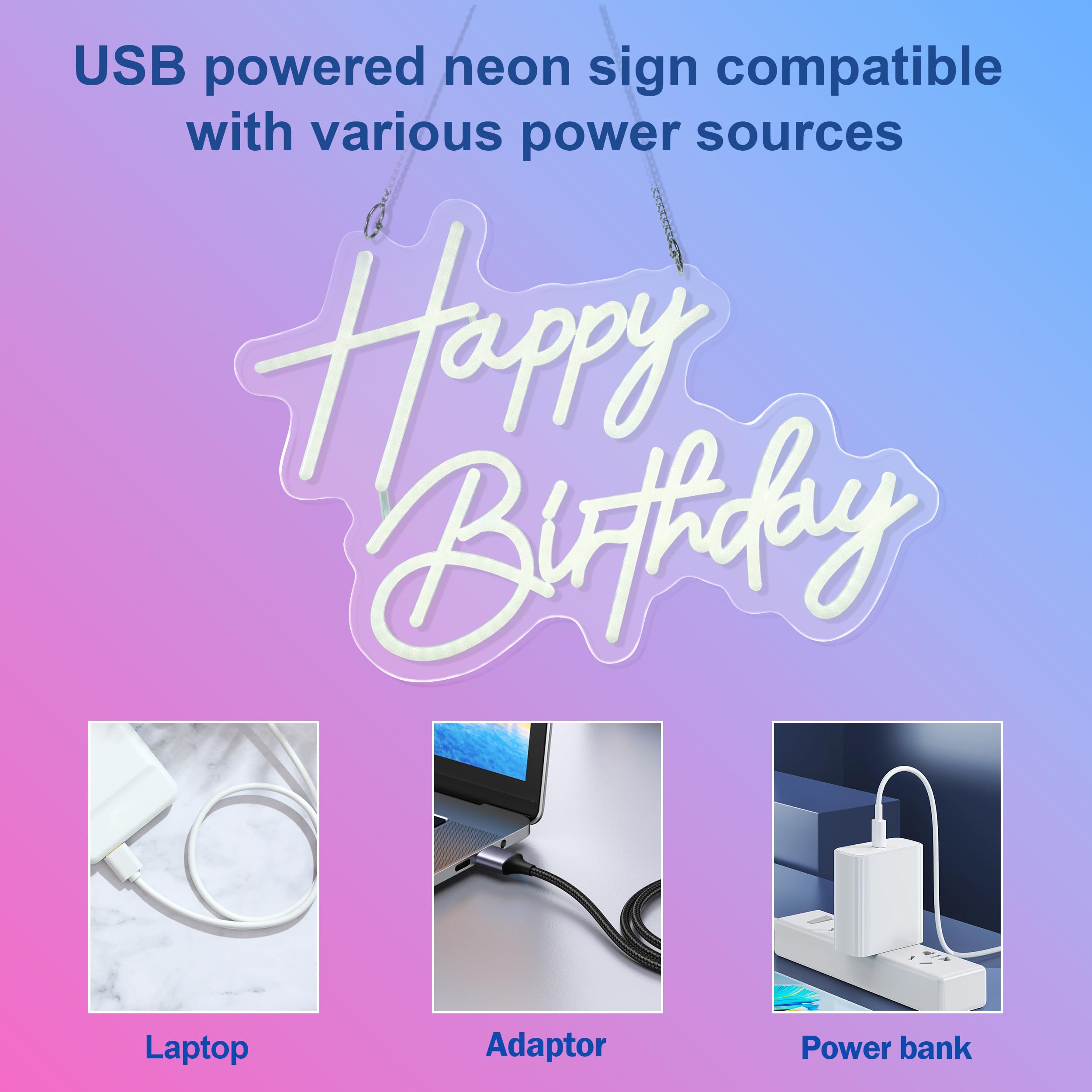 ASIUXIRS Happy Birthday Neon Sign Wall Light - White Plastic for Bar, Club, Bedroom, Cafe, Wedding Party
