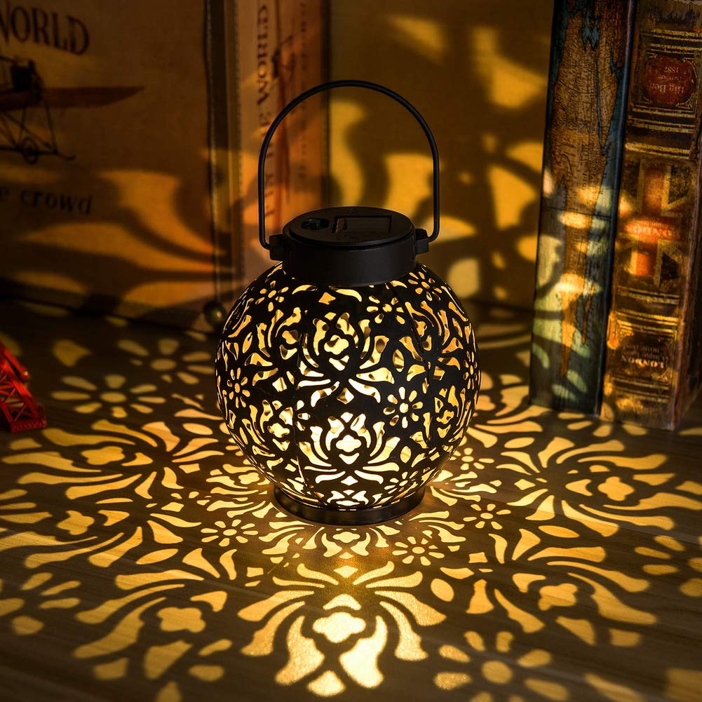 EXCMARK Solar Hanging Lantern Lights, Black, Metal, Floral Model, 9.1x5.5 inch, Decorative Christmas Light for Garden, Patio, Lawn