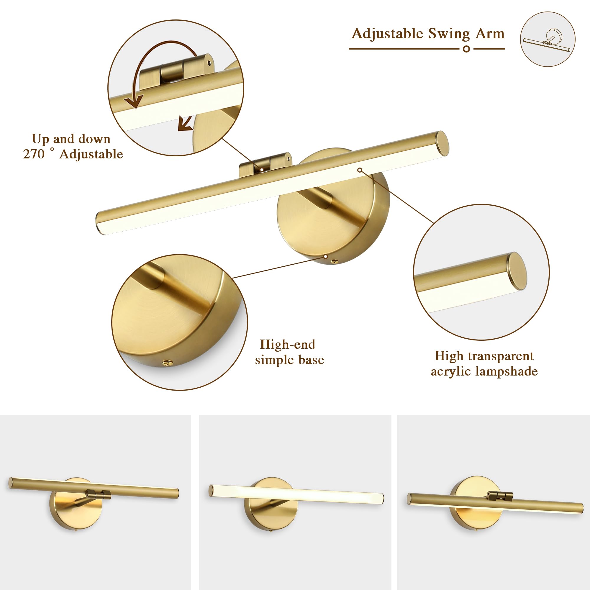 Pasoar Hardwired Adjustable Lighting Gold Modern Led Picture Lights For Paintings 15.7'' Inch Long Swing Arm Metal Art Lights Warm White 3000K