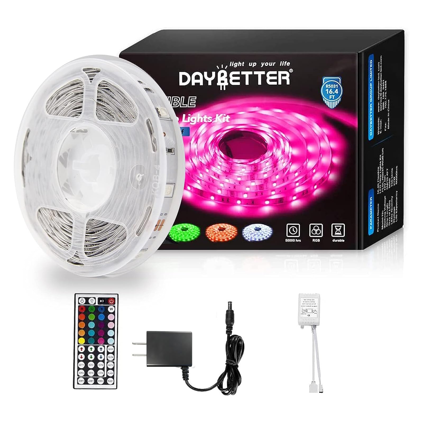 Daybetter Led Strip Lights 16.4Ft Multicolor With Remote Controller & Power Supply, Model Flsl-R5031-Rgb-Us, Plastic