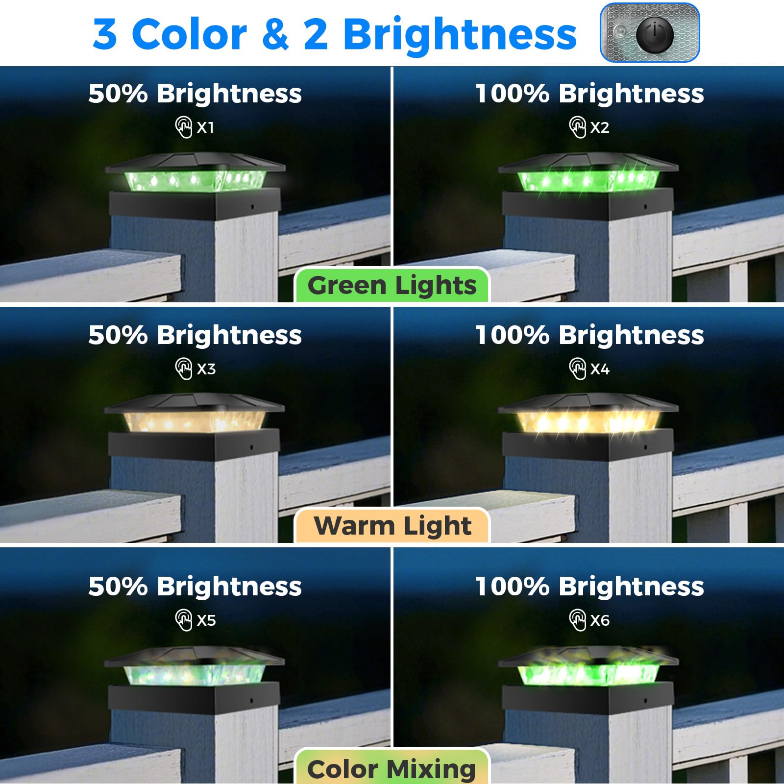 Peasur 4x4 Solar Post Lights - 4 Pack Green & Warm White LED, Waterproof Fence Caps for Deck, Mailbox, Railing, Porch Outdoor Lighting