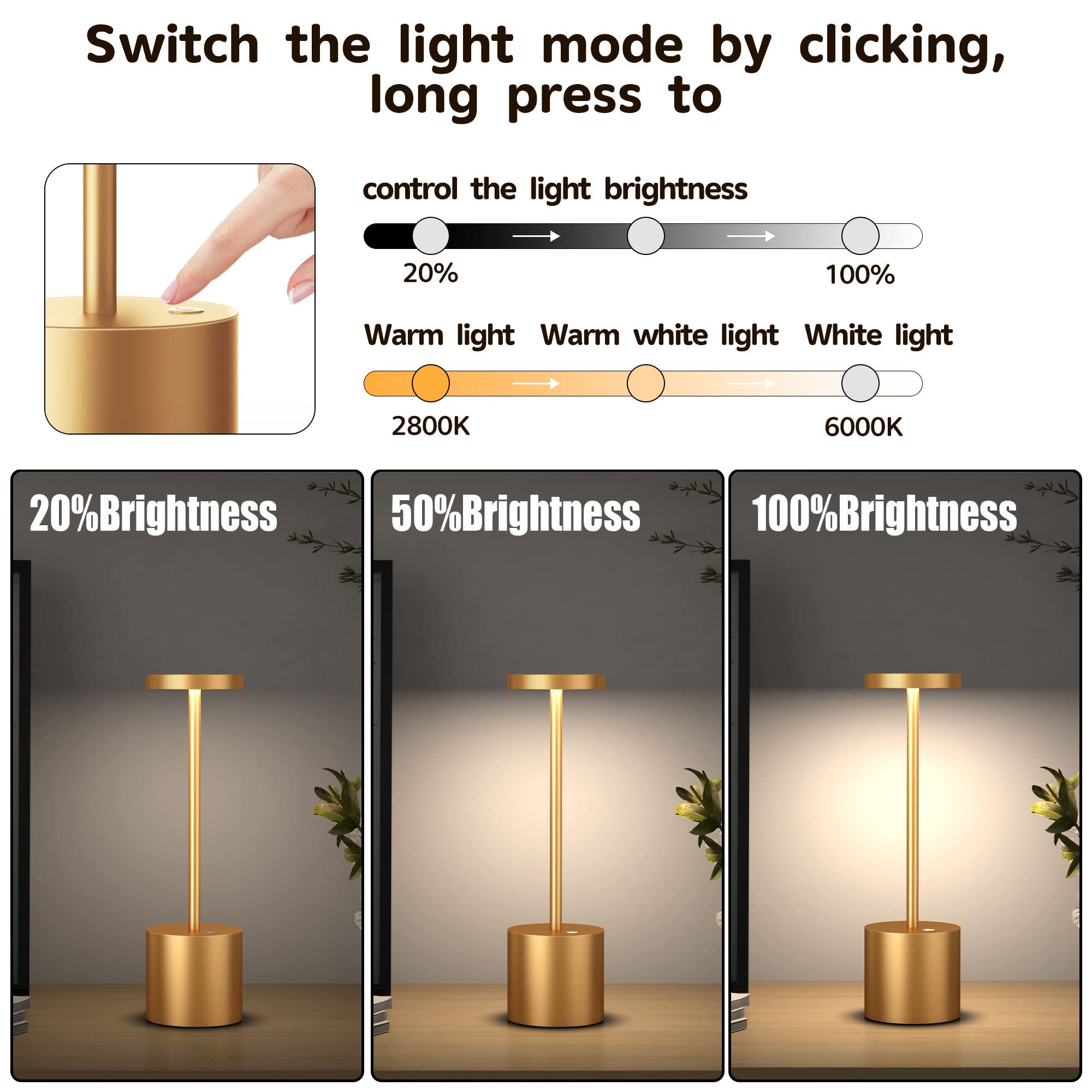 YIBEN Cordless Table Lamp 2Pack, Rechargeable LED 5000mAh, 3 Levels Brightness, 10.25in, Gold