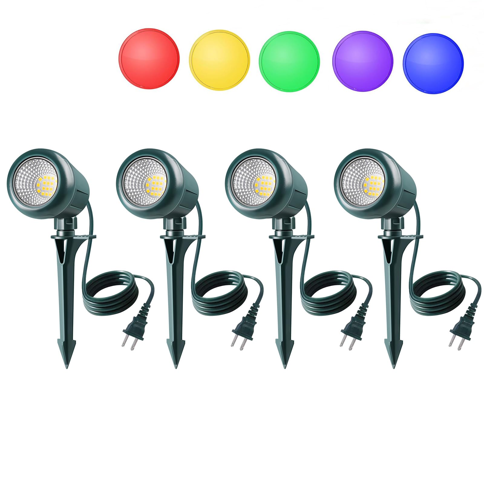 Halloween Spotlights Outdoor  120V Plug-in Christmas Spot Light  5000K LED Landscape Lighting with 5 Color Lenses (Red Green Blue Purple Yellow)  IP67 Waterproof  2 Pack