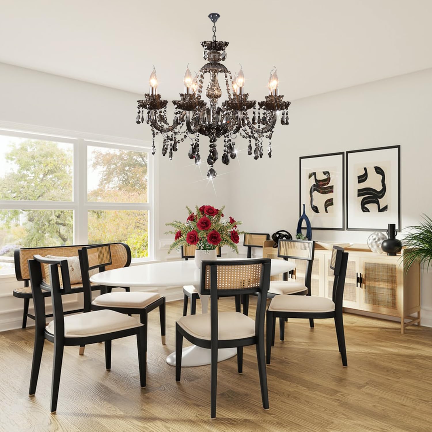 Luxurious Smoky Gray Crystal Chandelier For Living Room, Antique 6-Lights Teardrop Candle Chandelier Pendant Ceiling Lighting Fi